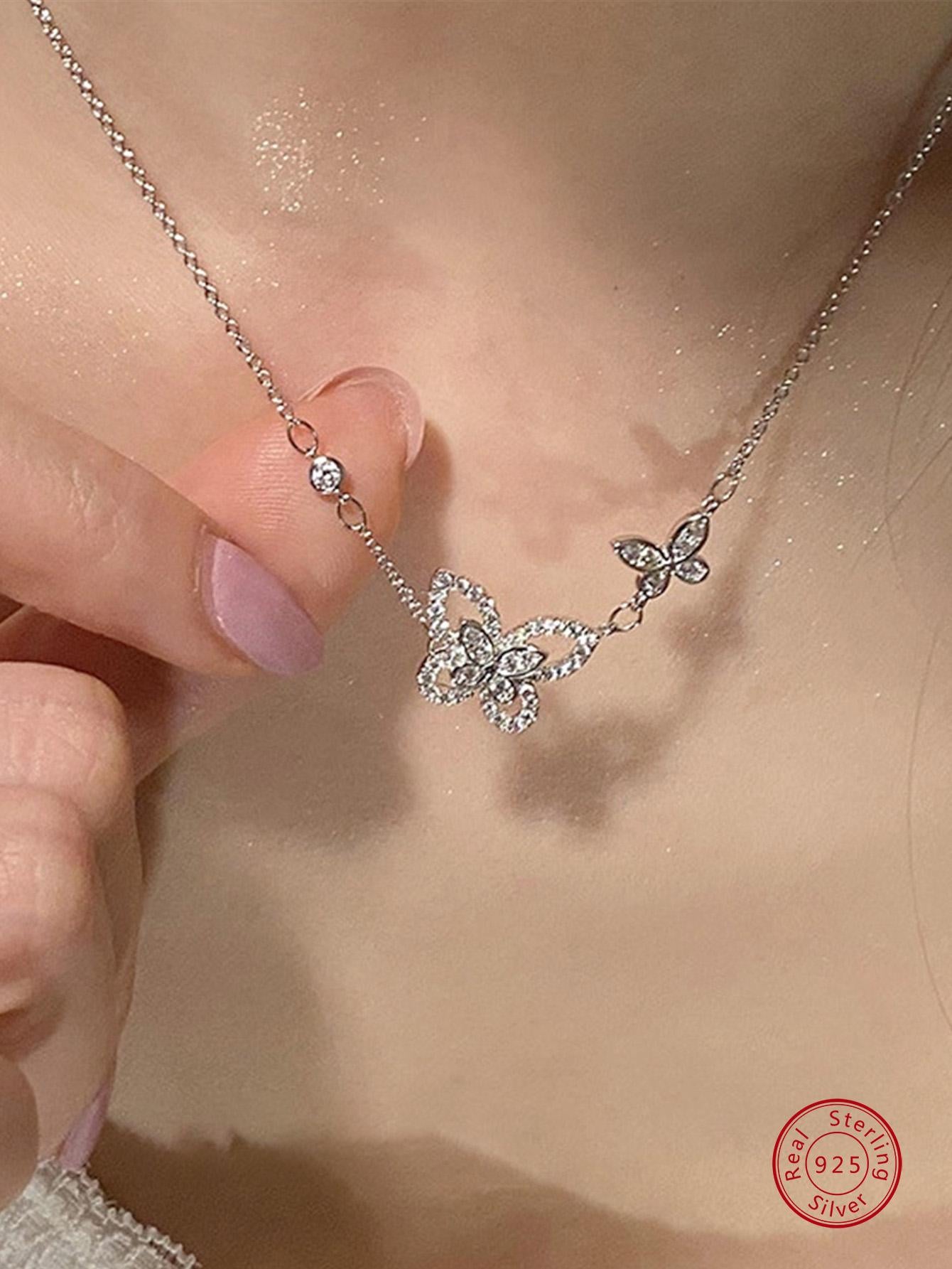 1pc Fashion Cubic Zirconia Butterfly Pendant Sterling Silver Necklace For Women For Gift