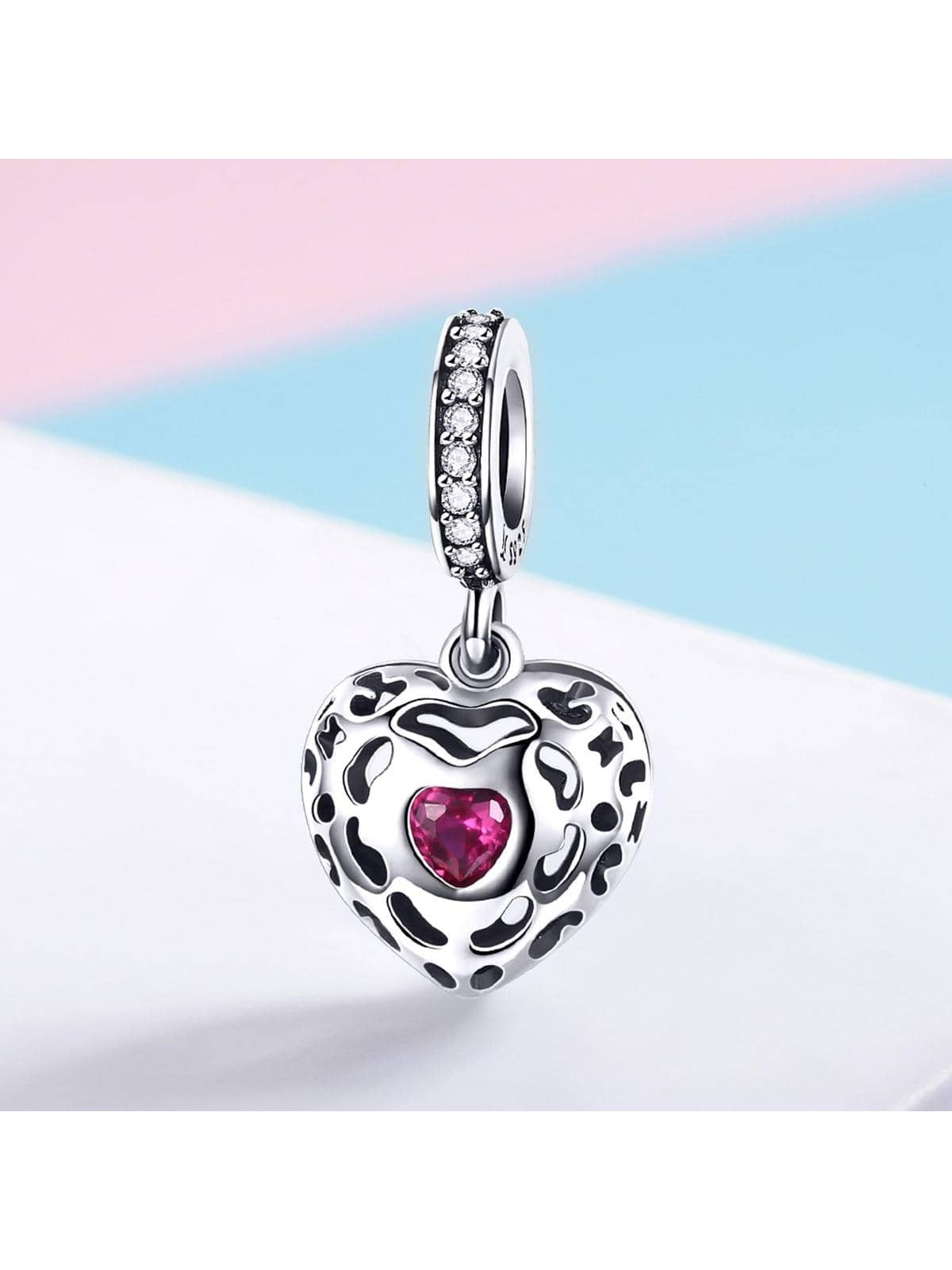 1pc Romantic 925 Sterling Silver Happiness Heart Pink Cubic Zirconia Pendant Charms Fit Original Bracelets Necklaces DIY Jewelry