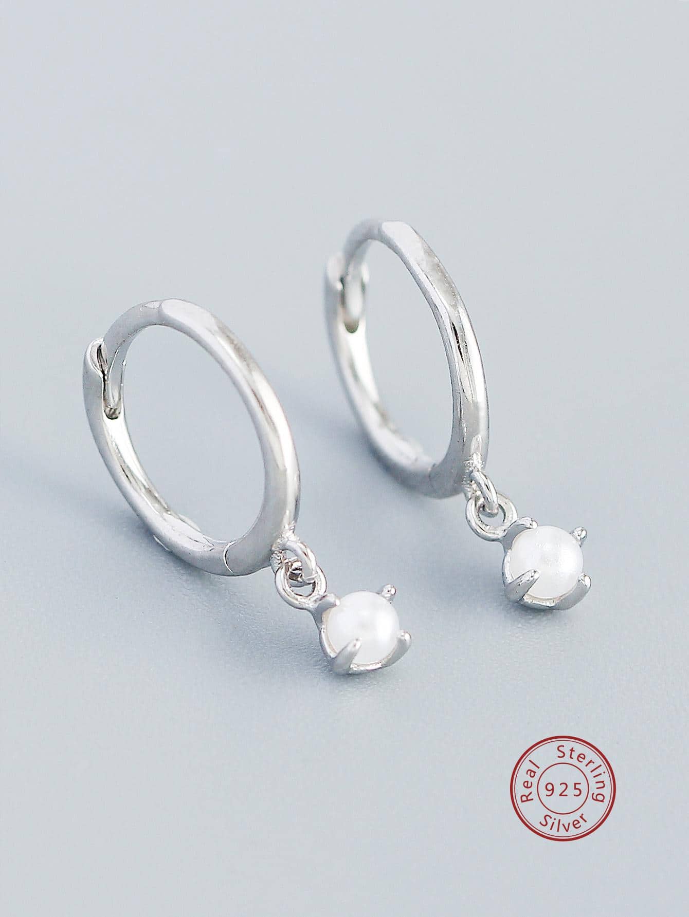 2pcs Faux Pearl Decor Sterling Silver Drop Earrings