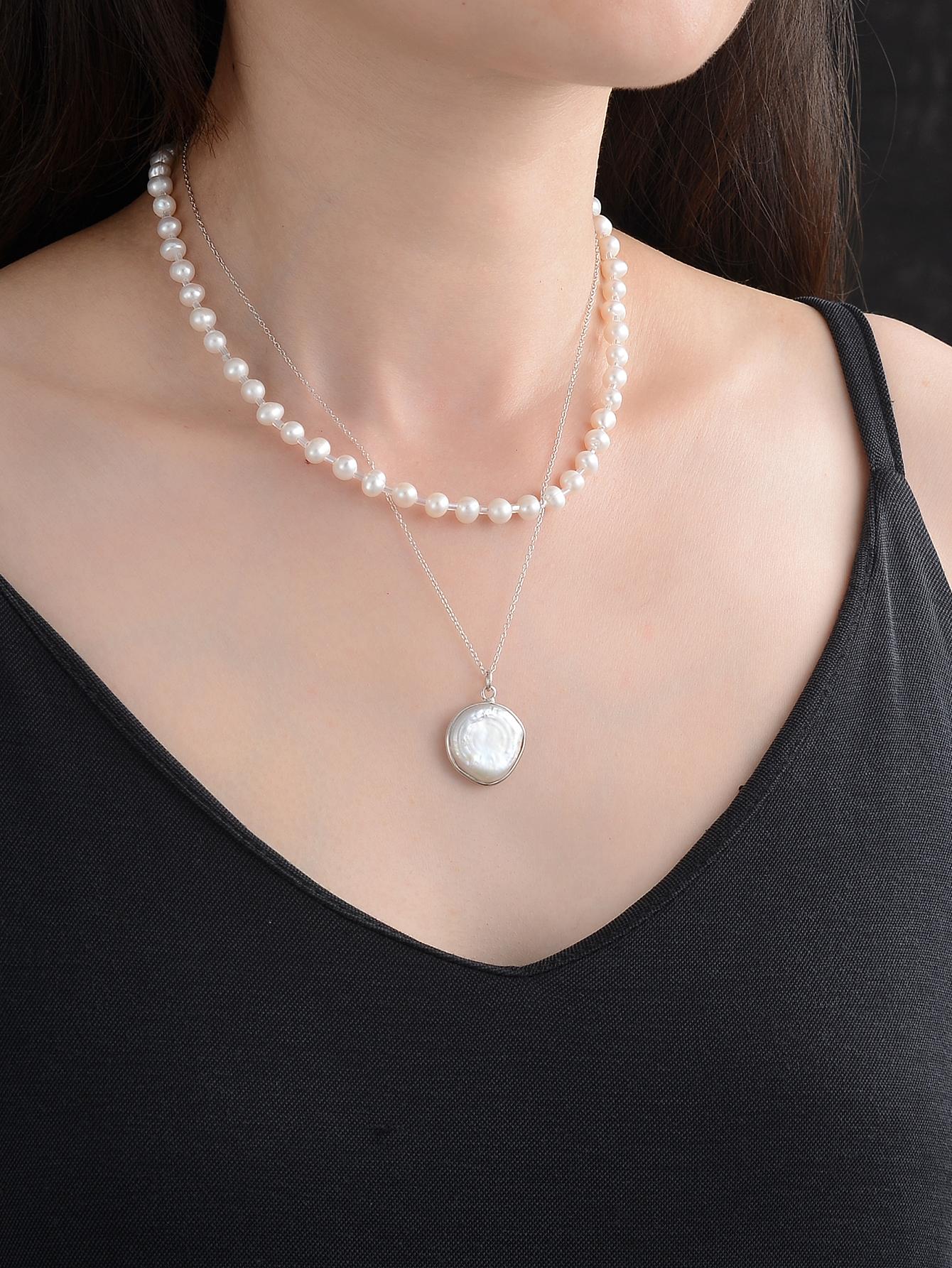 1pc Fashionable Cultured Pearl Charm Sterling Silver Layered Necklace For Women For Gift