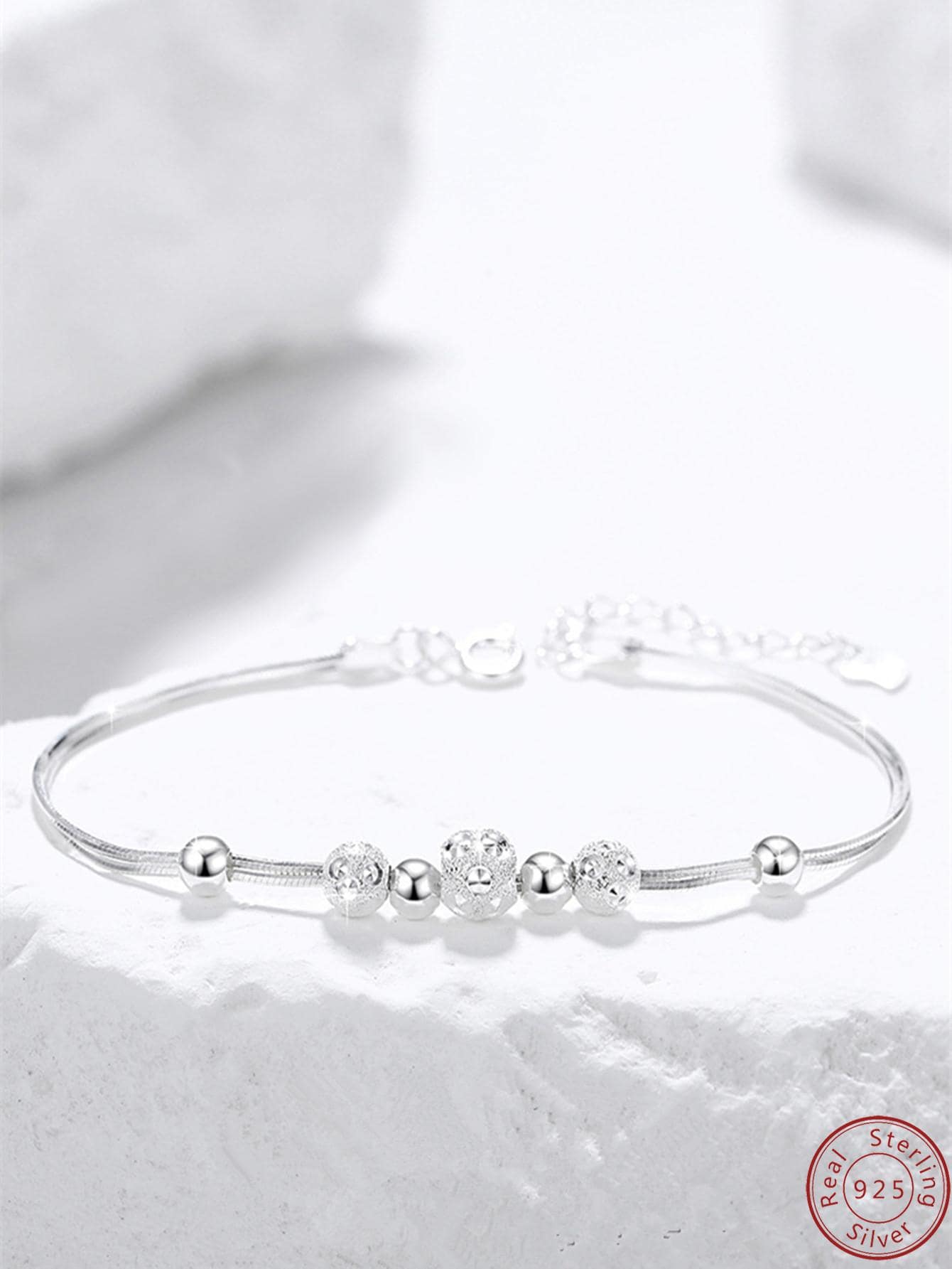 Exquisite Cubic Zirconia & Bead Decor Sterling Silver Bangle For Women For Wedding Party