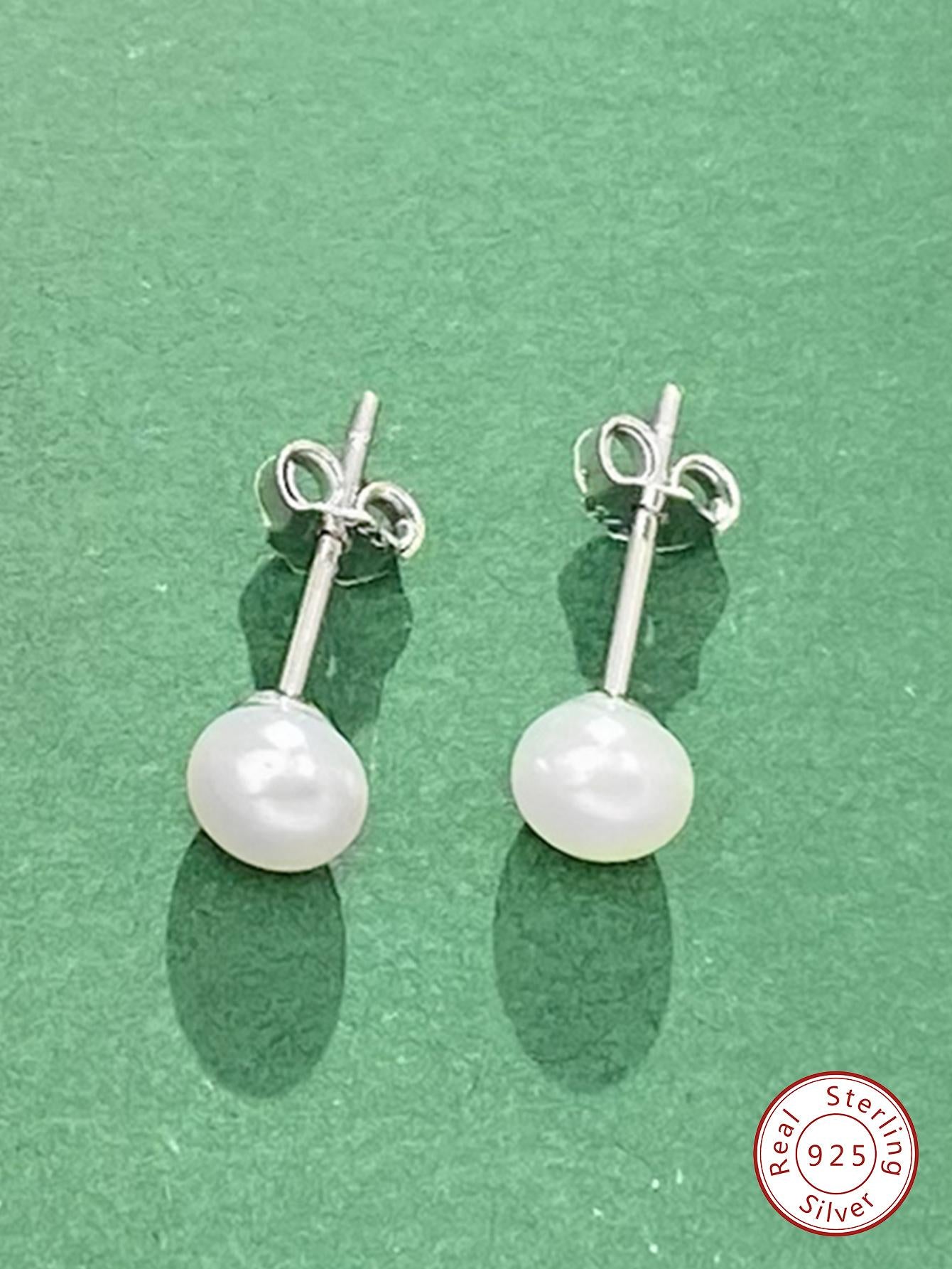 1pair Classical s925 Sterling Silver White Beads Faux Pearls Stud Earrings for Women Fine Jewelry Gift For Girls