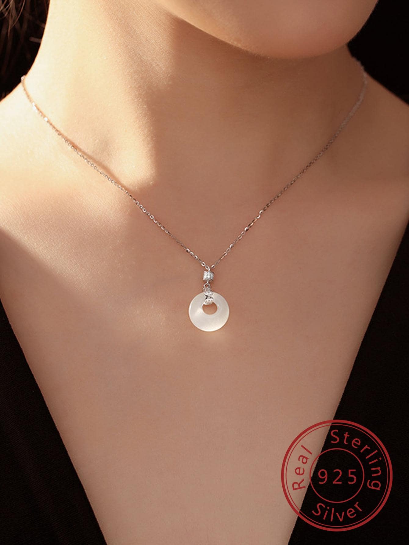 1pc Exquisite Circle Charm Sterling Silver Necklace For Women For Birthday Gift