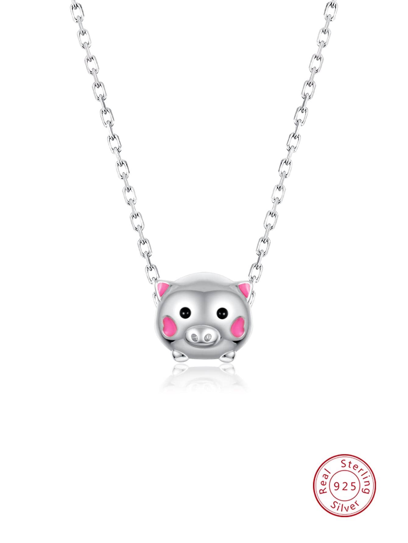 1pc Fashionable Cartoon Pig Charm Sterling Silver Necklace For Women For Dating Gift