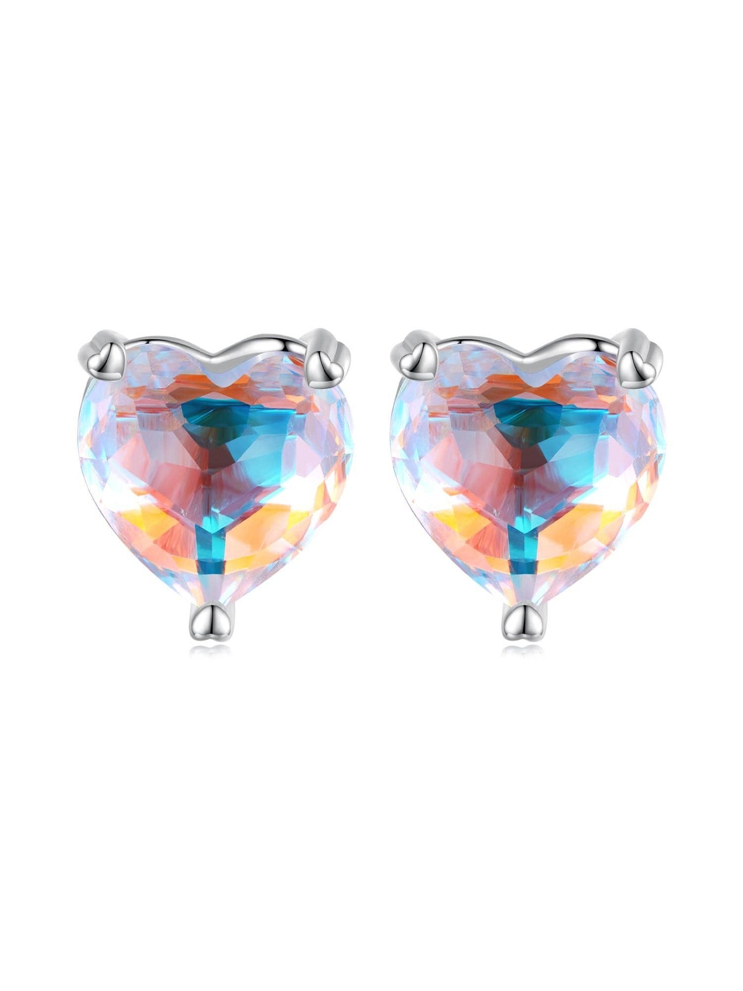 1pair 925 Sterling Silver Rainbow Heart Stud Earrings For Women Lovely Colorful Cubic Zirconia Ear Studs Girl Wedding Party Jewelry Gift