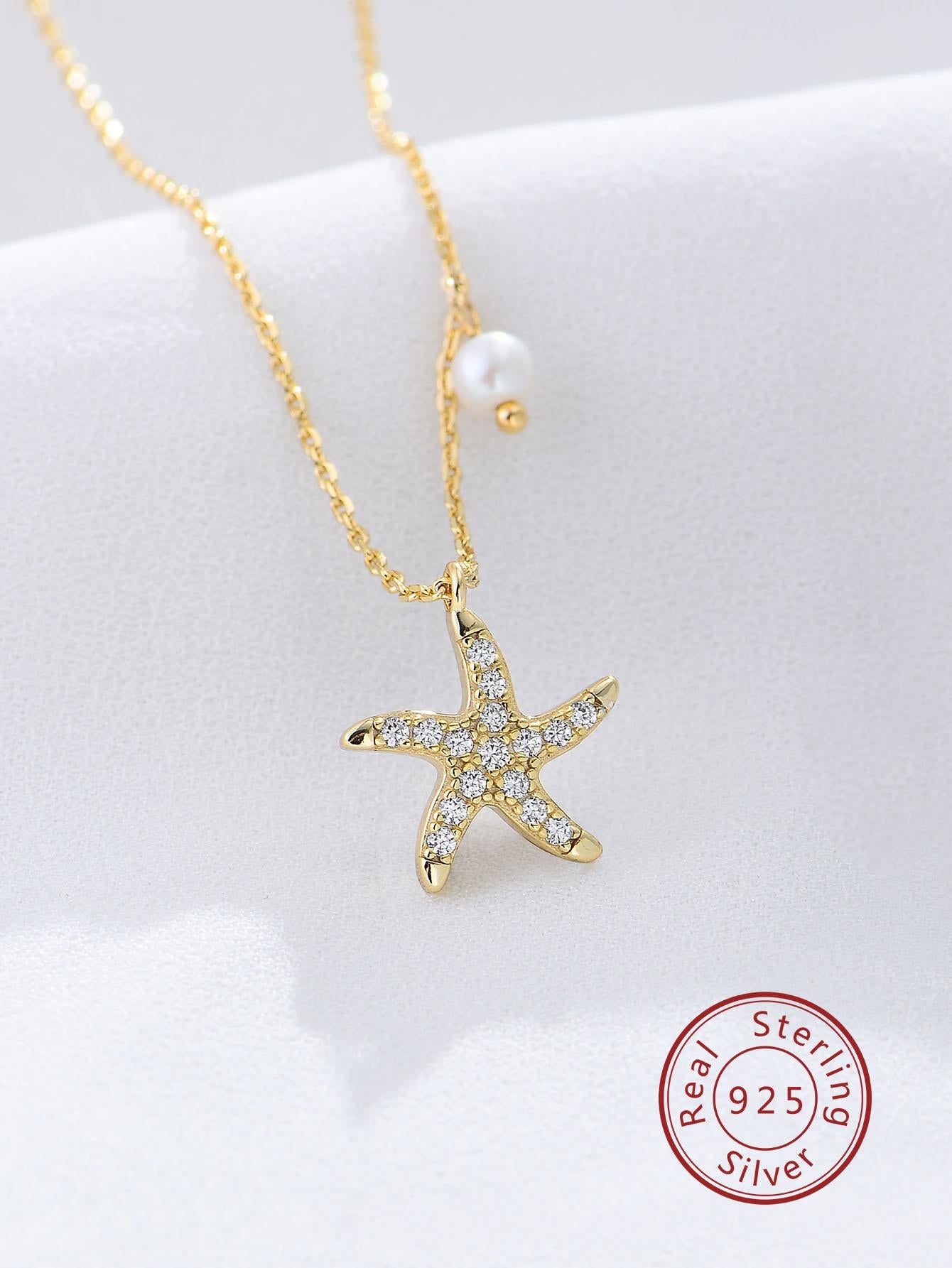 1pc Fashionable Sterling Silver Cultured Pearl Decor Cubic Zirconia Starfish Pendant Necklace For Women For Daily Decoration