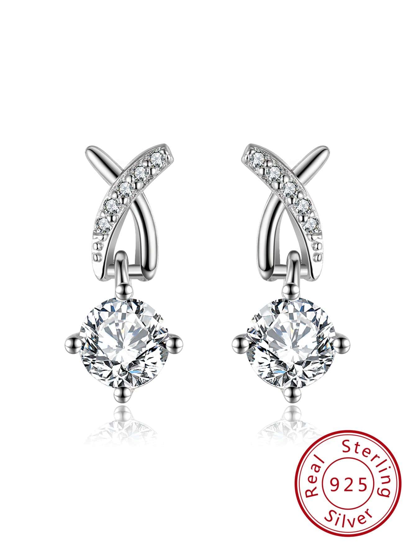 1 Pair Sterling Silver Wings Stud Earrings Unique X Design Women Clear Cubic Zirconia Paved Ear Piercing