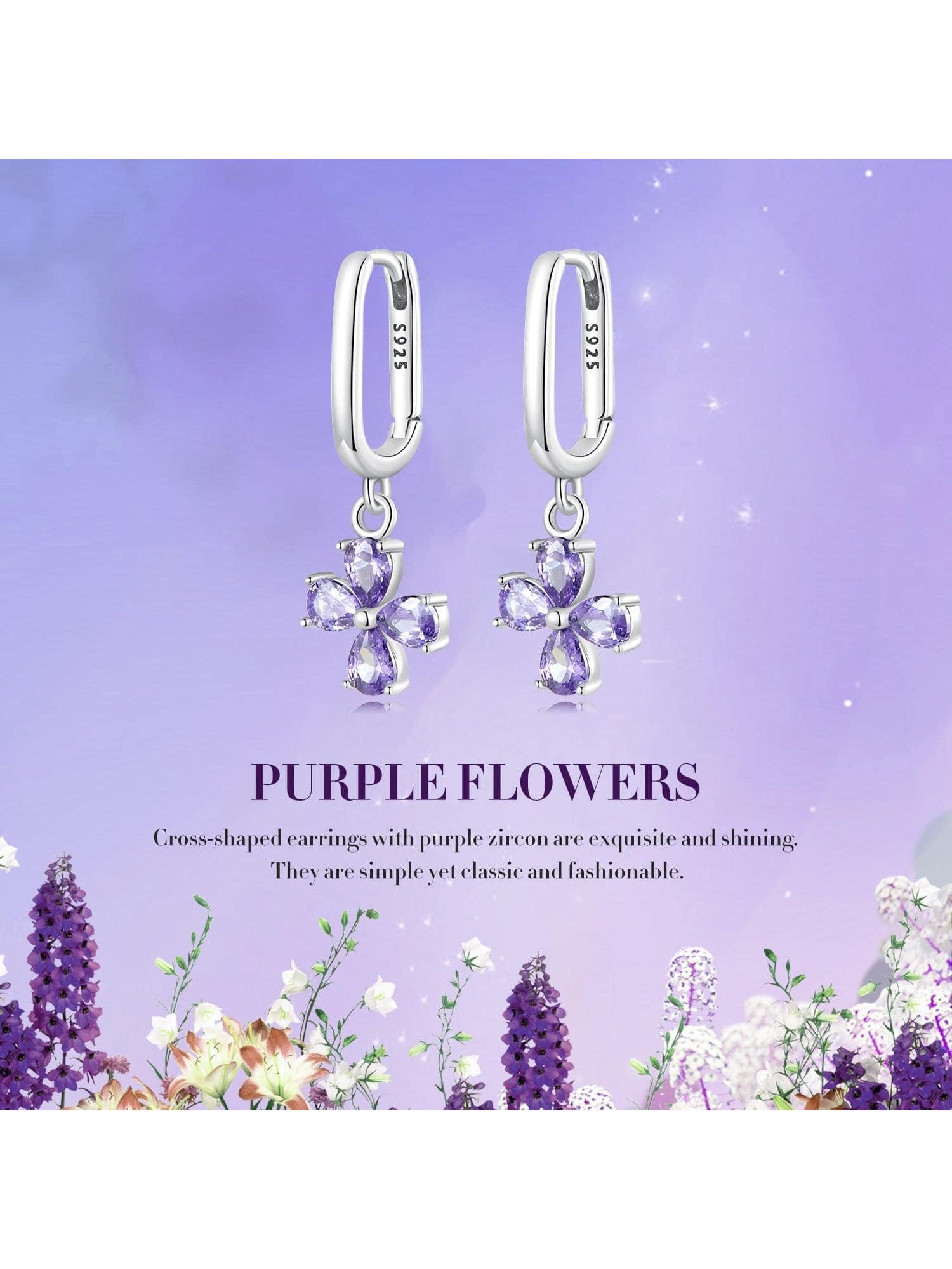 1 Pair Sterling Silver Purple Cubic Zirconia Flower Earrings For Women Fine Jewelry