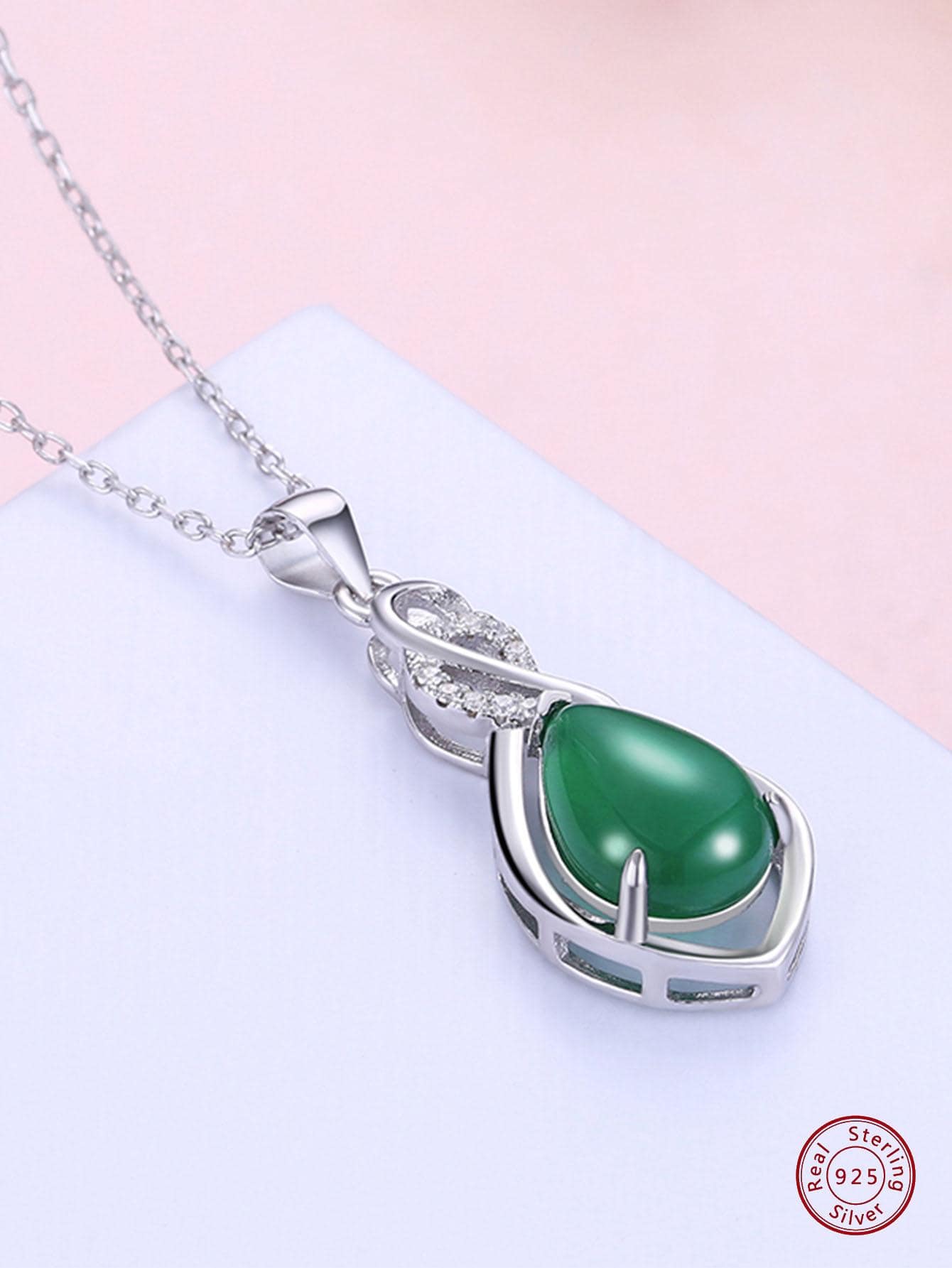 1pc Handmade S925 Silver Necklace With Green Jadeite Inlay Pendant, European And American Style, Clavicle Chain For Women, Gemstone Jewelry Gift With Silver Chain For Friends On Festivals