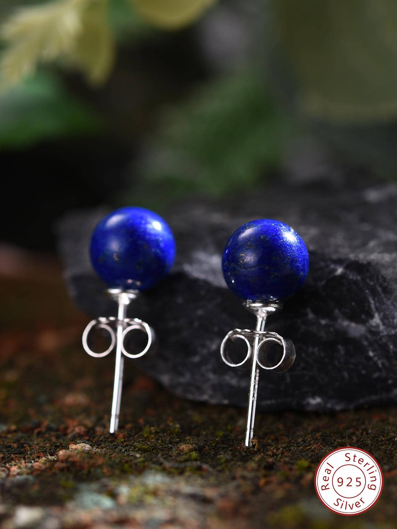 1Pair 6.5mm Blue Lazuli Stud Earrings For Women Sterling Silver Fine Jewelry Gift