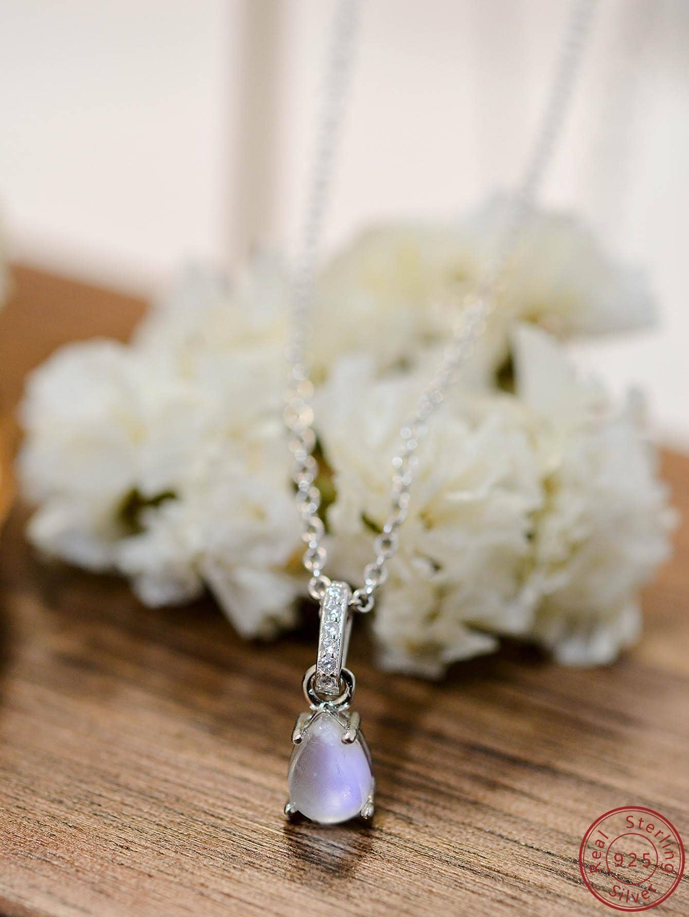 Vintage S925 Silver Drop-shaped Moonstone Pendant European And American Style Necklace, Fashionable And Luxurious Exquisite Jewelry-Silver-1