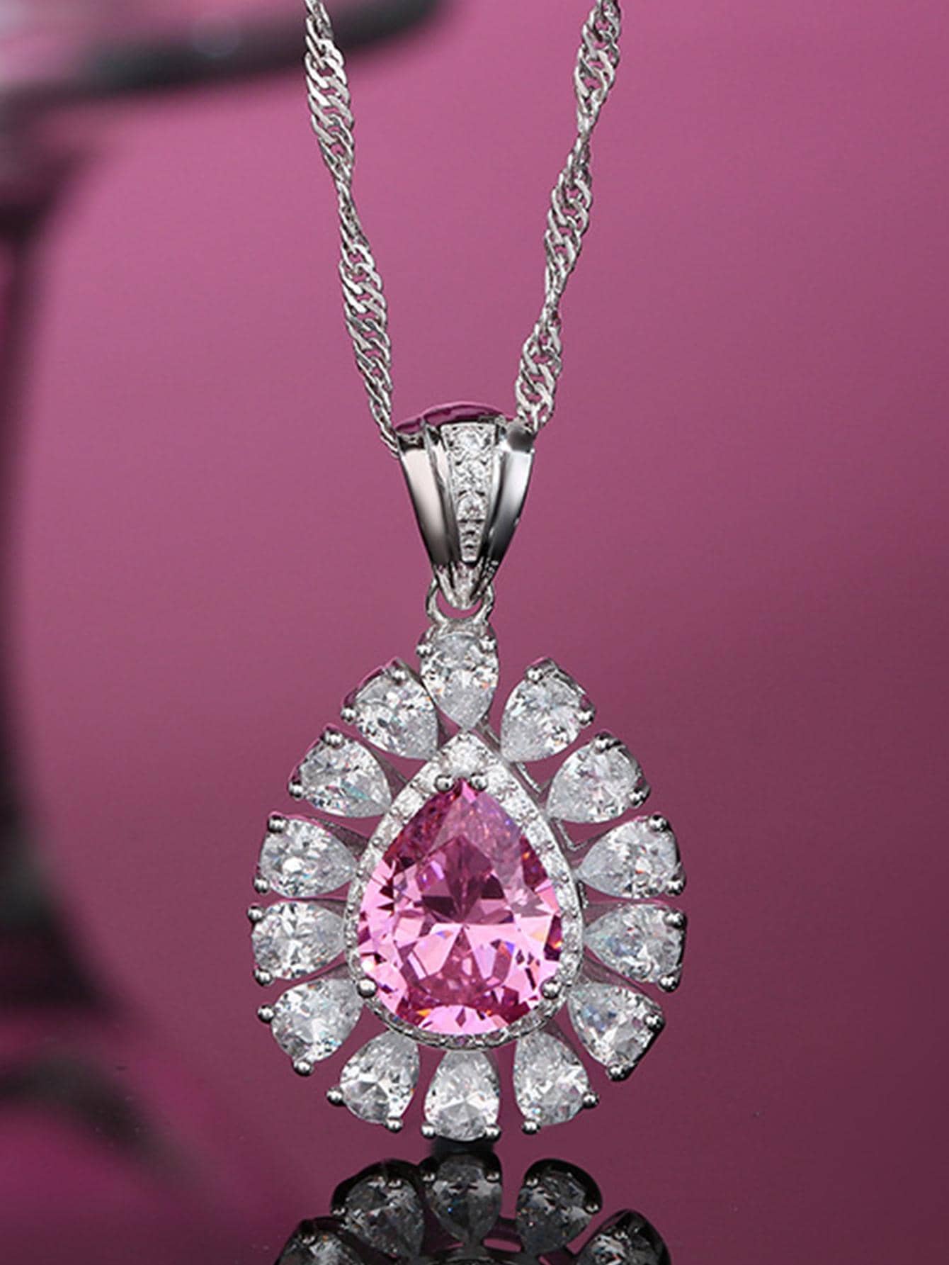 1pc 925 Sterling Silver Icy Flower Shape Cubic Zirconia Pendant Necklace For Women, Vintage Luxury Statement Necklace With Pink Water-drop Pendants, Perfect For Wedding, Engagement, Prom, Party, Dress, Gift