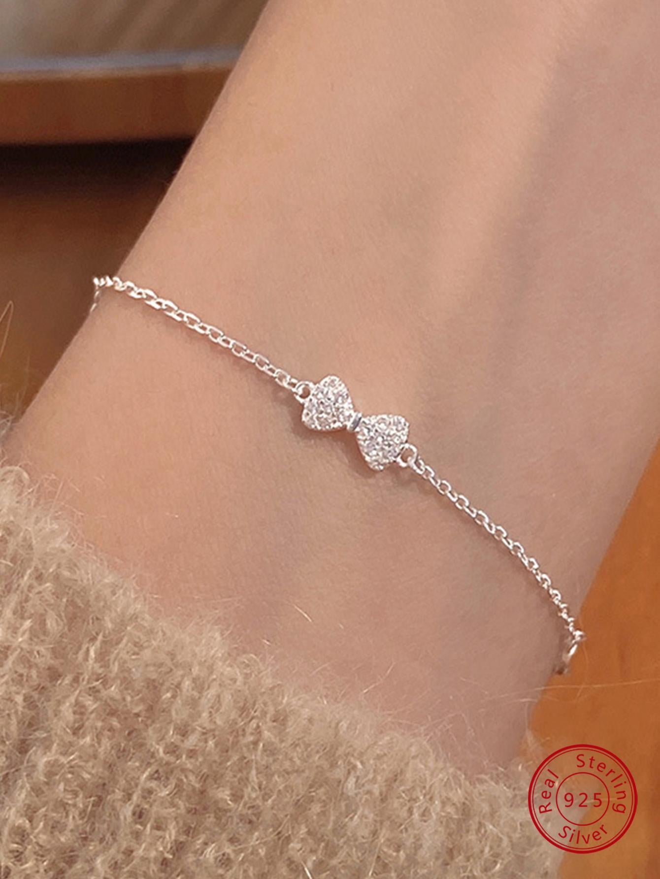 1pc Exquisite Cubic Zirconia Bow Decor Sterling Silver Chain Bracelet For Women For Gift