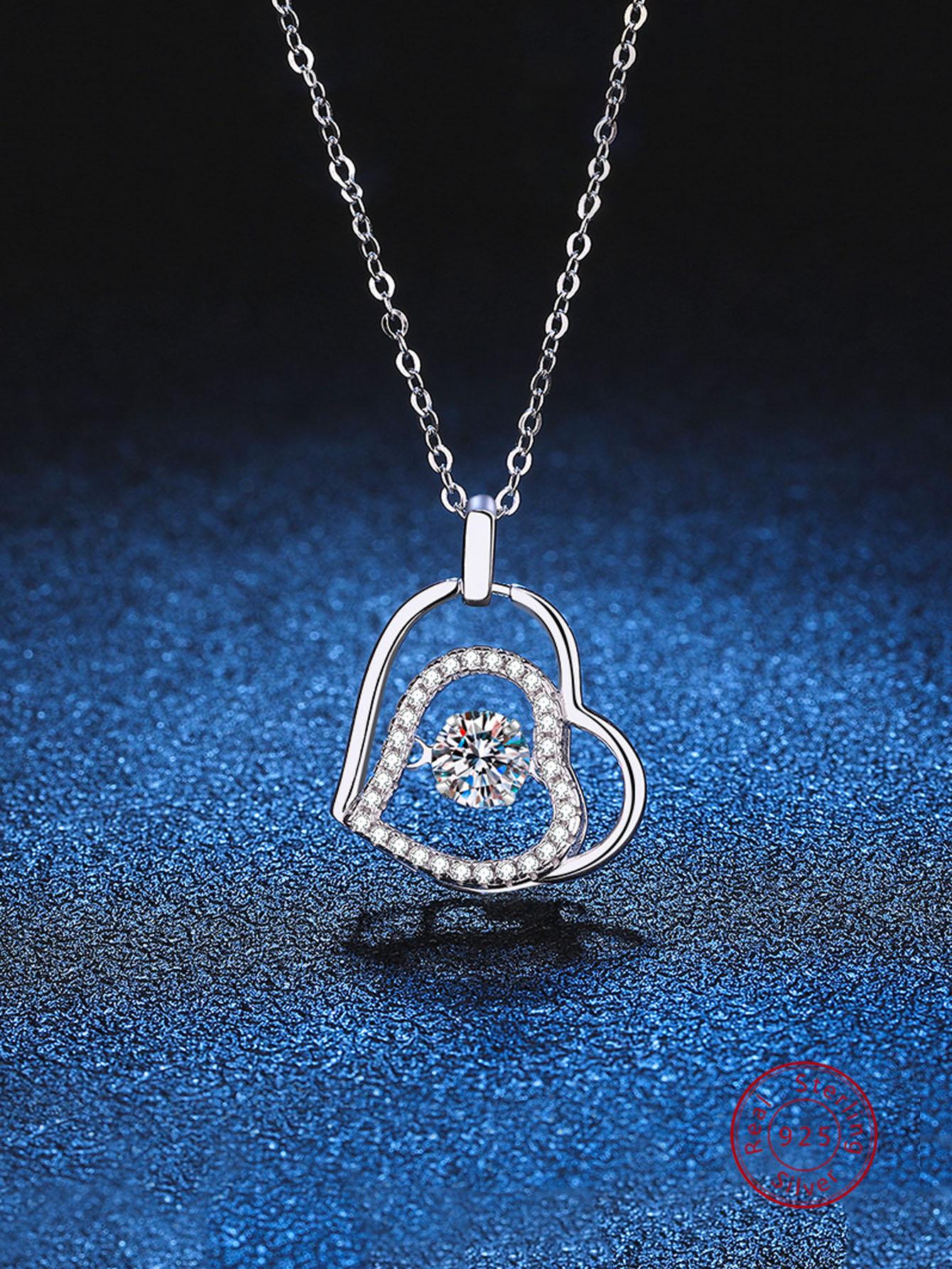 1pc Exquisite Cubic Zirconia Decor Heart Charm Sterling Silver Necklace For Women For Gift