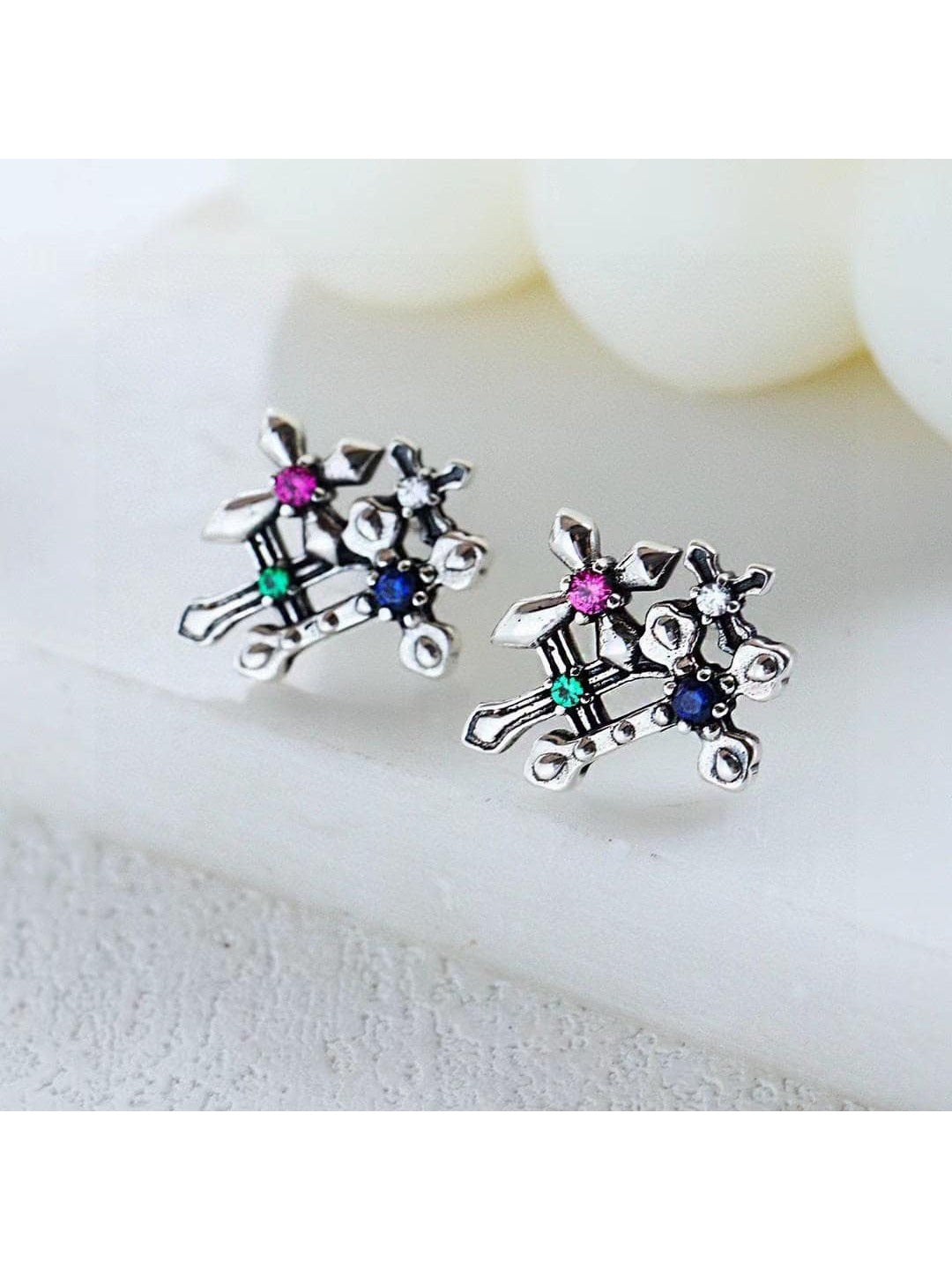 1 Pair Tsx Colorful Diamond Cross Earrings, Japanese & Korean Version, With Trendy Cross Embedded Design, S925 Silver, Ez-098, Ladies' Fashionable Accessory, With Gift Box Pack