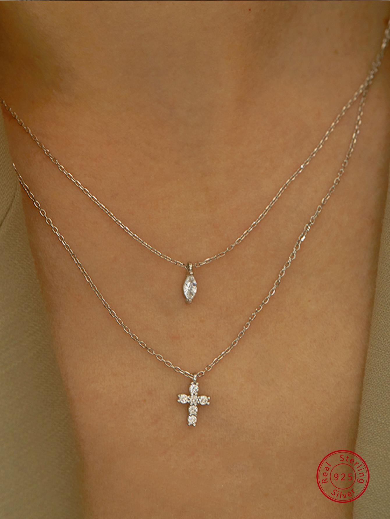 1pc Fashion Cubic Zirconia Cross Pendant Sterling Silver Layered Necklace For Women For Dating Gift