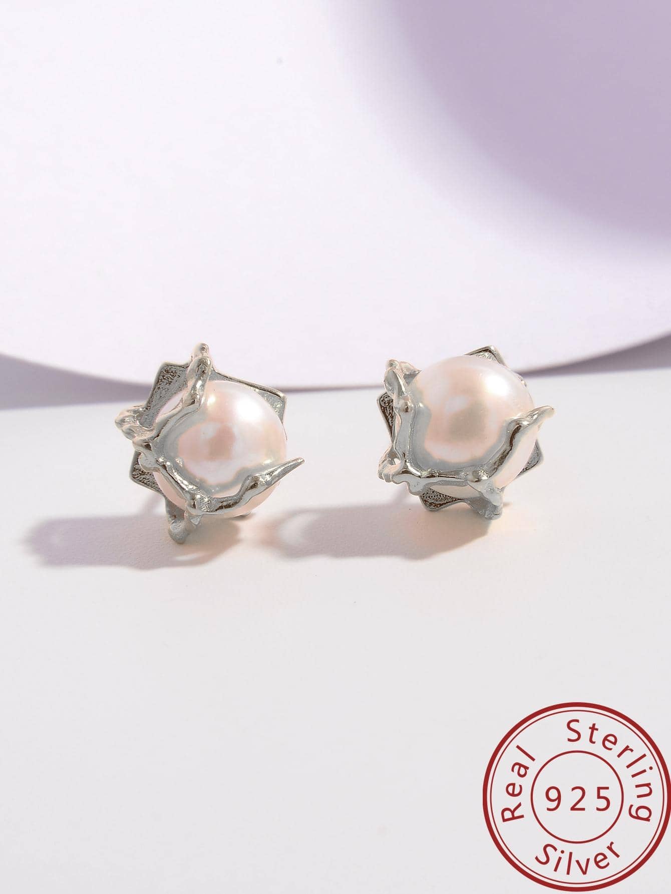 1pair Elegant Cultured Pearl Design Sterling Silver Stud Earrings For Women For Daily Decoration