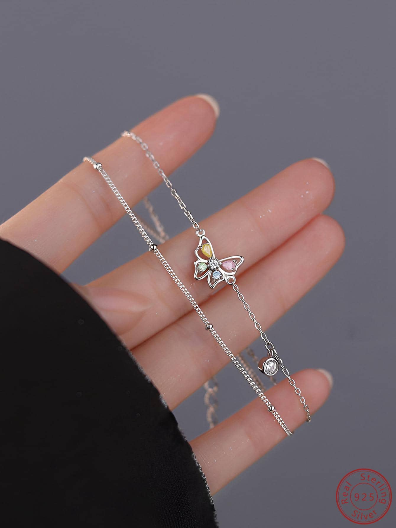 1pc Fashion Cubic Zirconia Butterfly Decor Sterling Silver Bracelet For Women For Gift