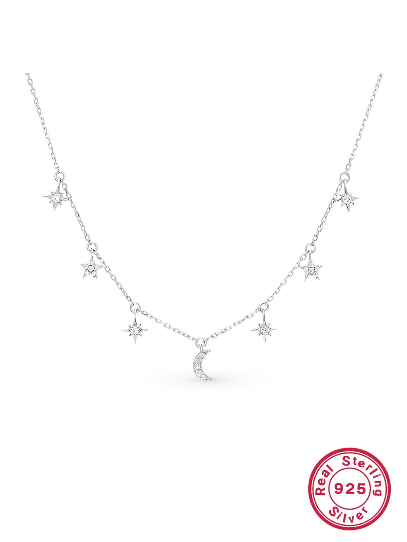 1pc Fashion Sterling Silver Cubic Zirconia Decor Star & Moon Pendant Necklace For Women For Daily Decoration