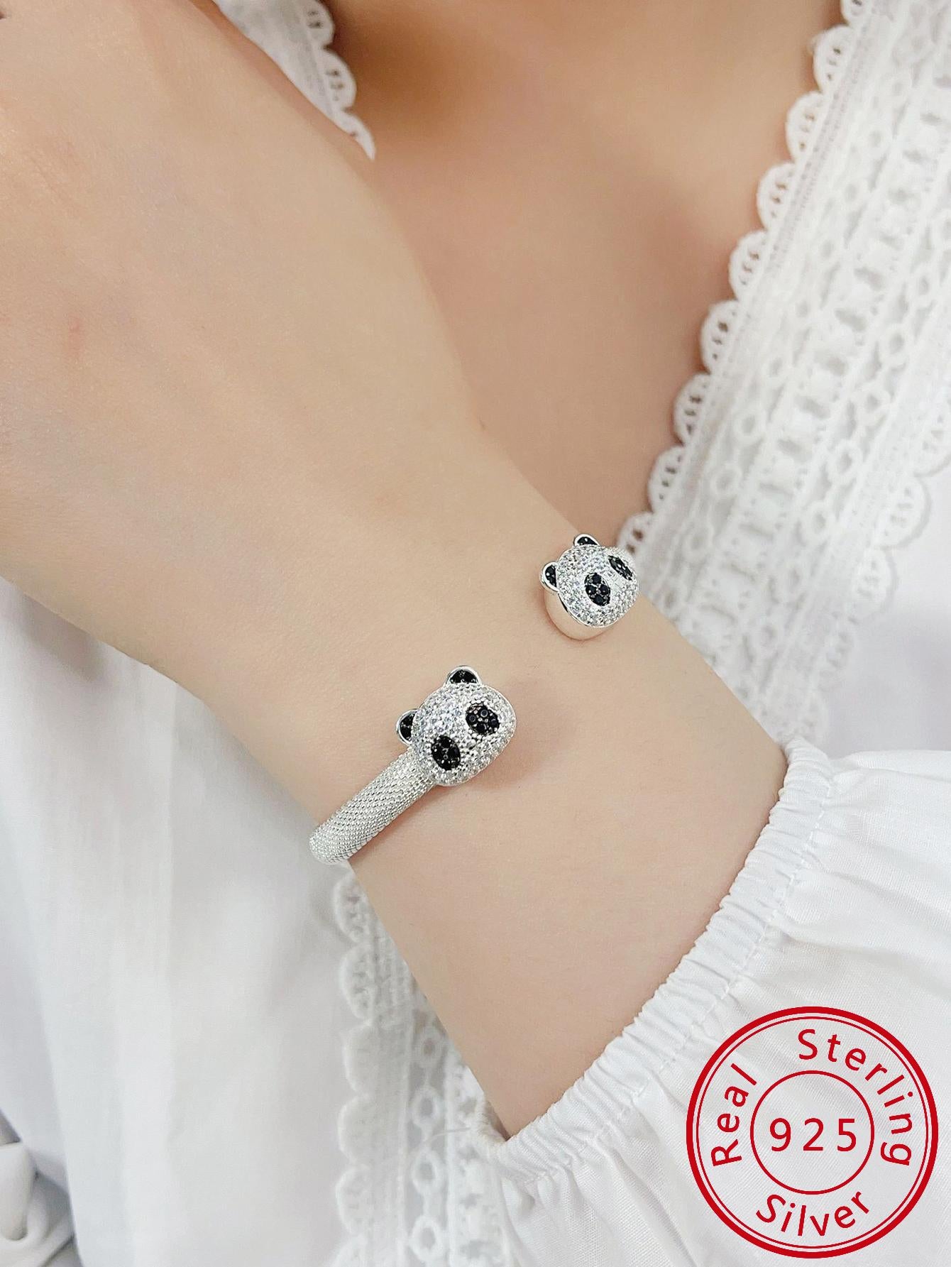 Fashion Cubic Zirconia Panda Decor Cuff Sterling Silver Bangle For Women For Gift