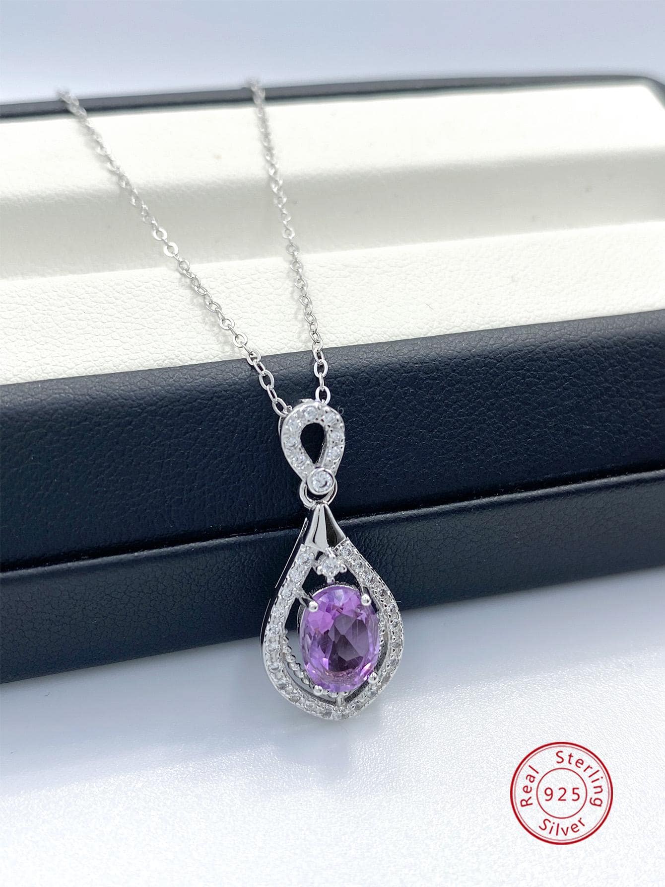 1pc Fashionable Oval Cubic Zirconia Decor Geometric Charm Sterling Silver Necklace For Women For Gift