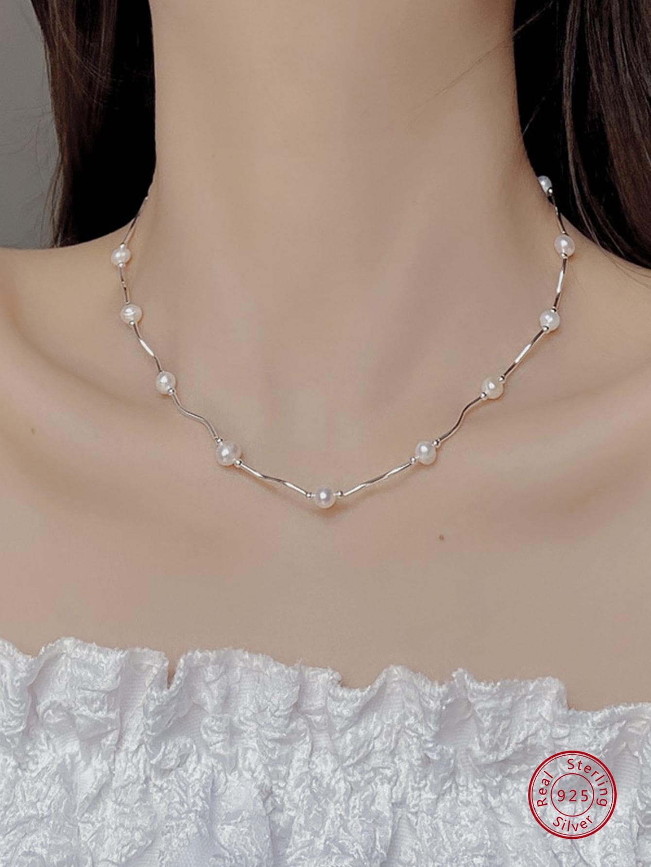 1pc Elegant Cultured Pearl Decor Sterling Silver Necklace For Women For Gift