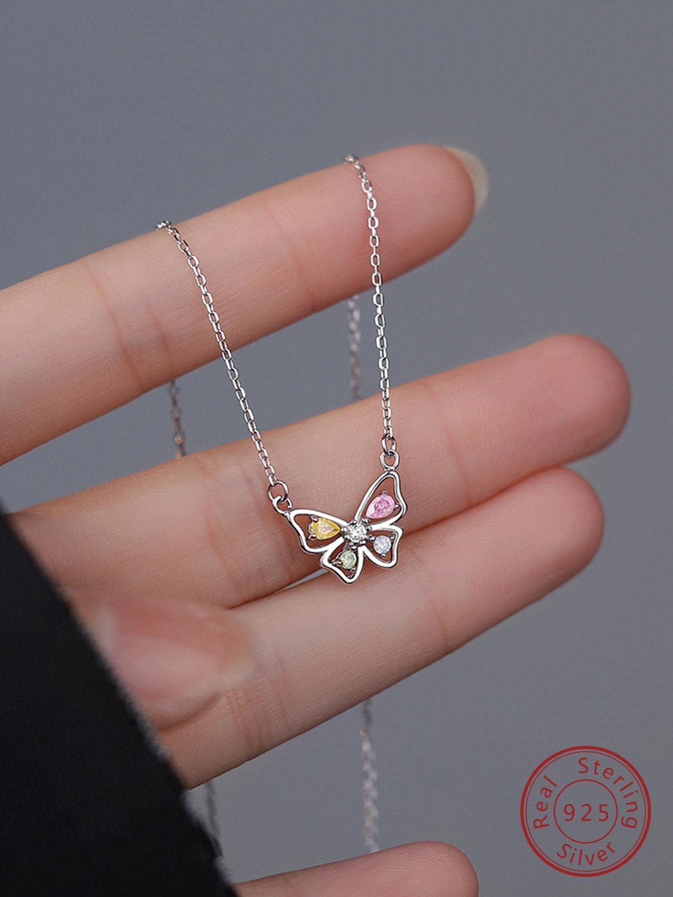 1pc Fashionable Sterling Silver Colorful Cubic Zirconia Butterfly Pendant Necklace With Classic Sweet Style  Design Jewelry Gifts