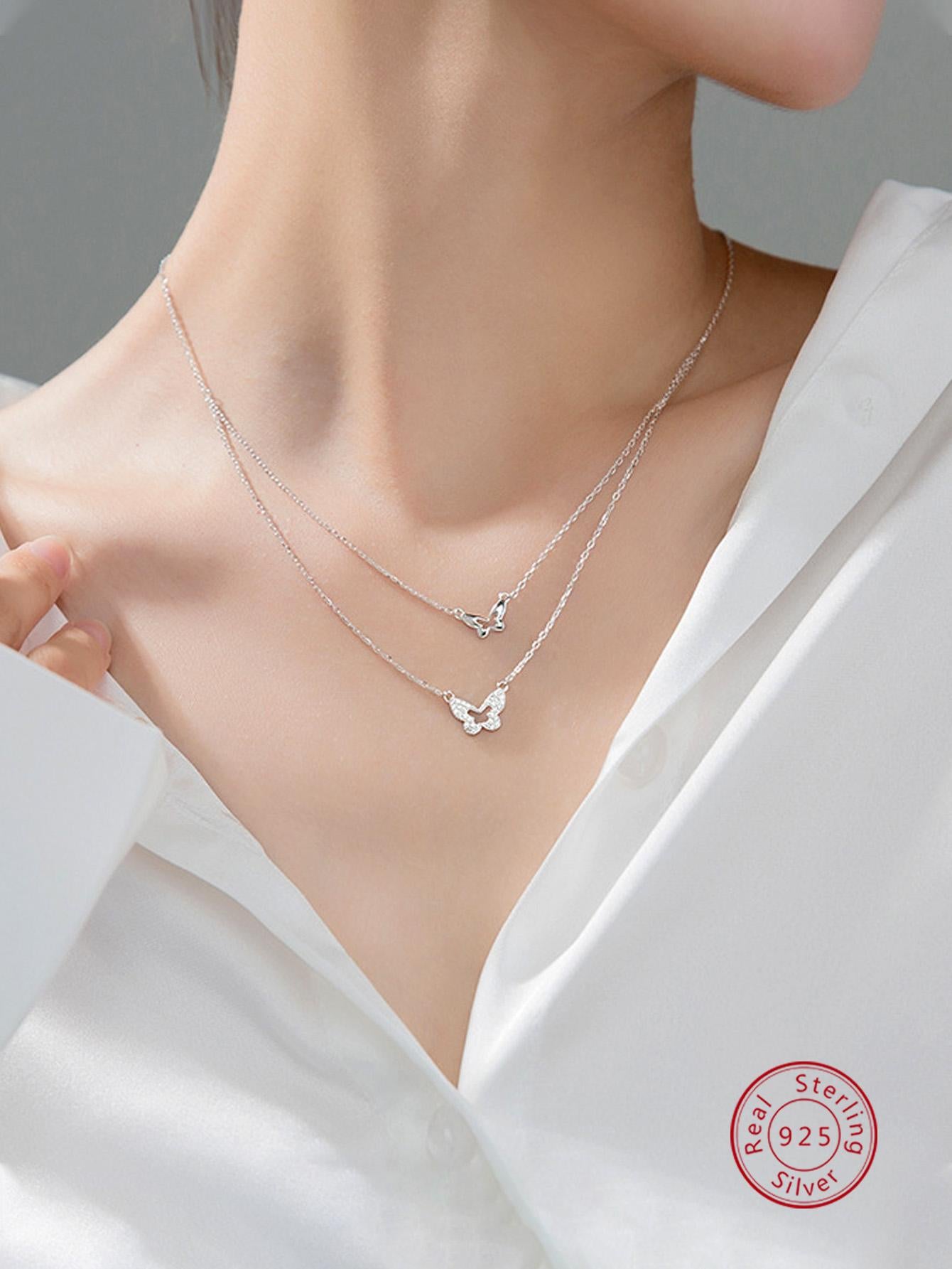 1pc Fashion Cubic Zirconia Butterfly Pendant Sterling Silver Layered Necklace For Women For Gift