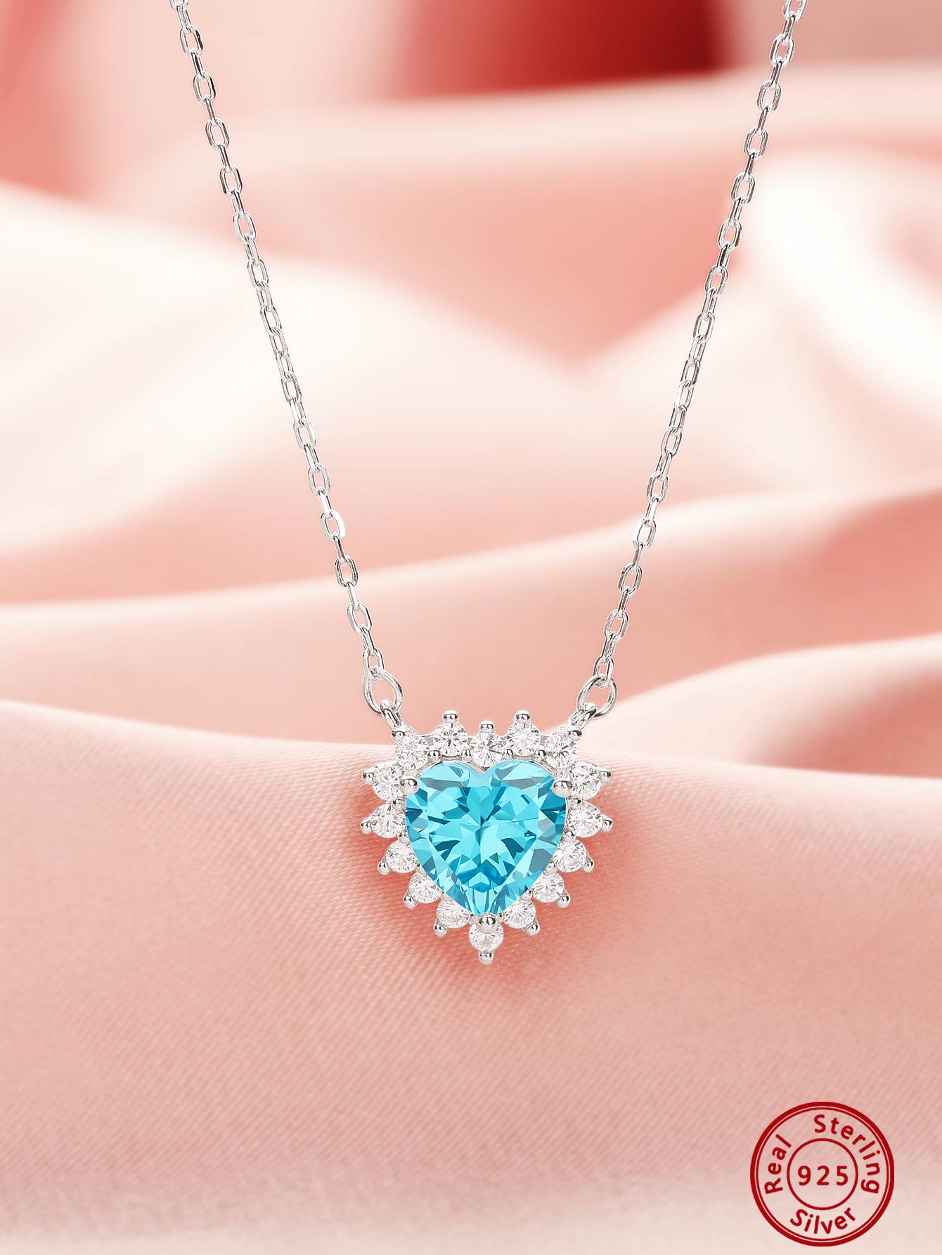 1pc Elegant Halo Blue Heart Cubic Zirconia Pendant Necklace 925 Sterling silver Heart Necklace For Women