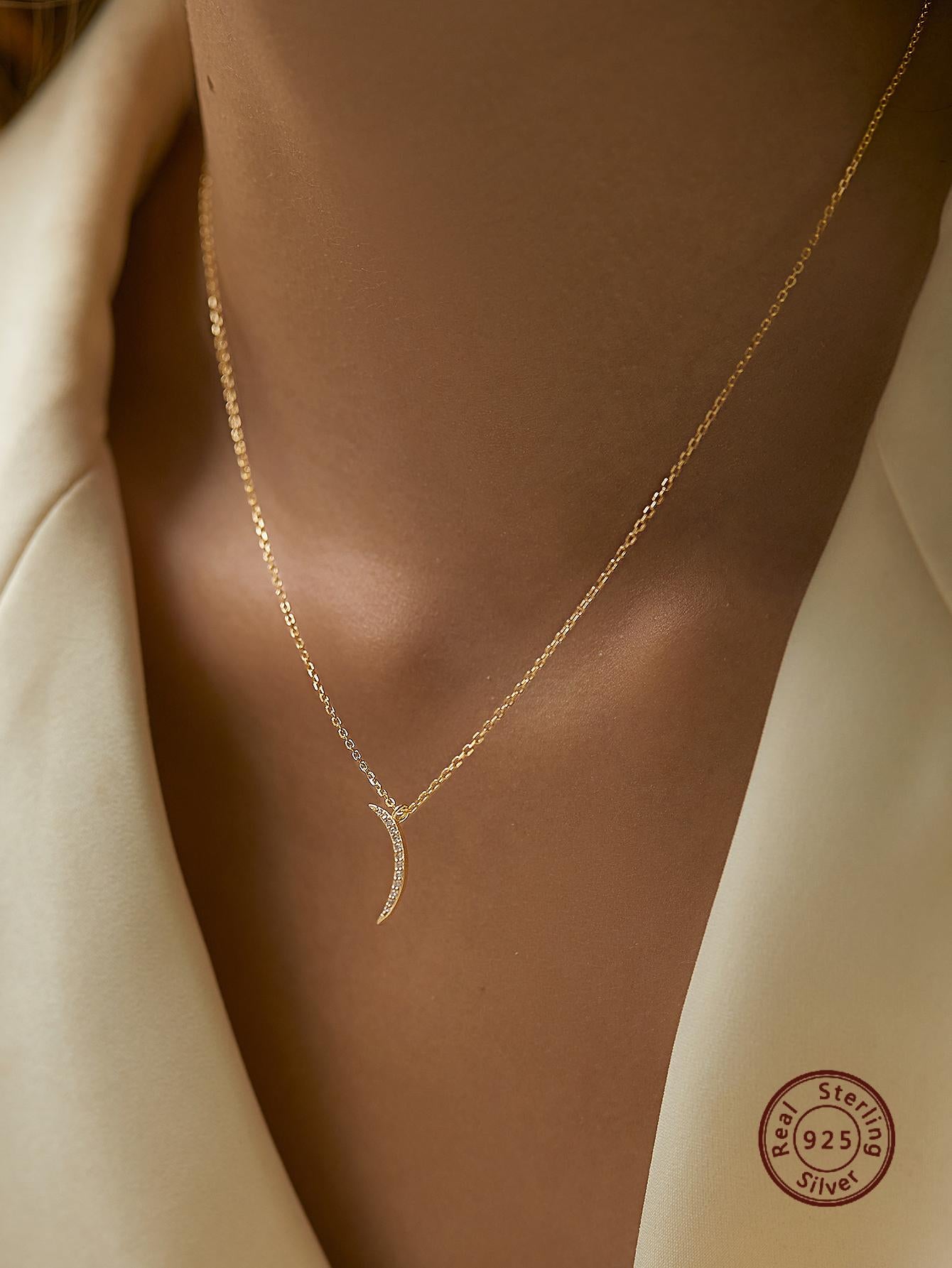 1pc 925 Silver Minimalist Cubic Zirconia Curve Moon Pendant Necklace