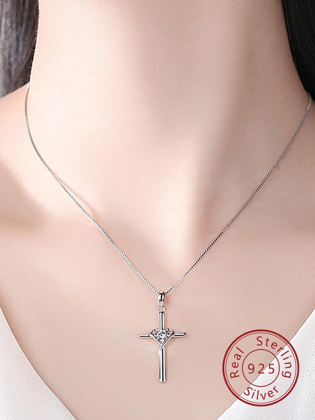 1pc Fashion Cubic Zirconia Decor Cross Pendant Silver Necklace For Women For Gift