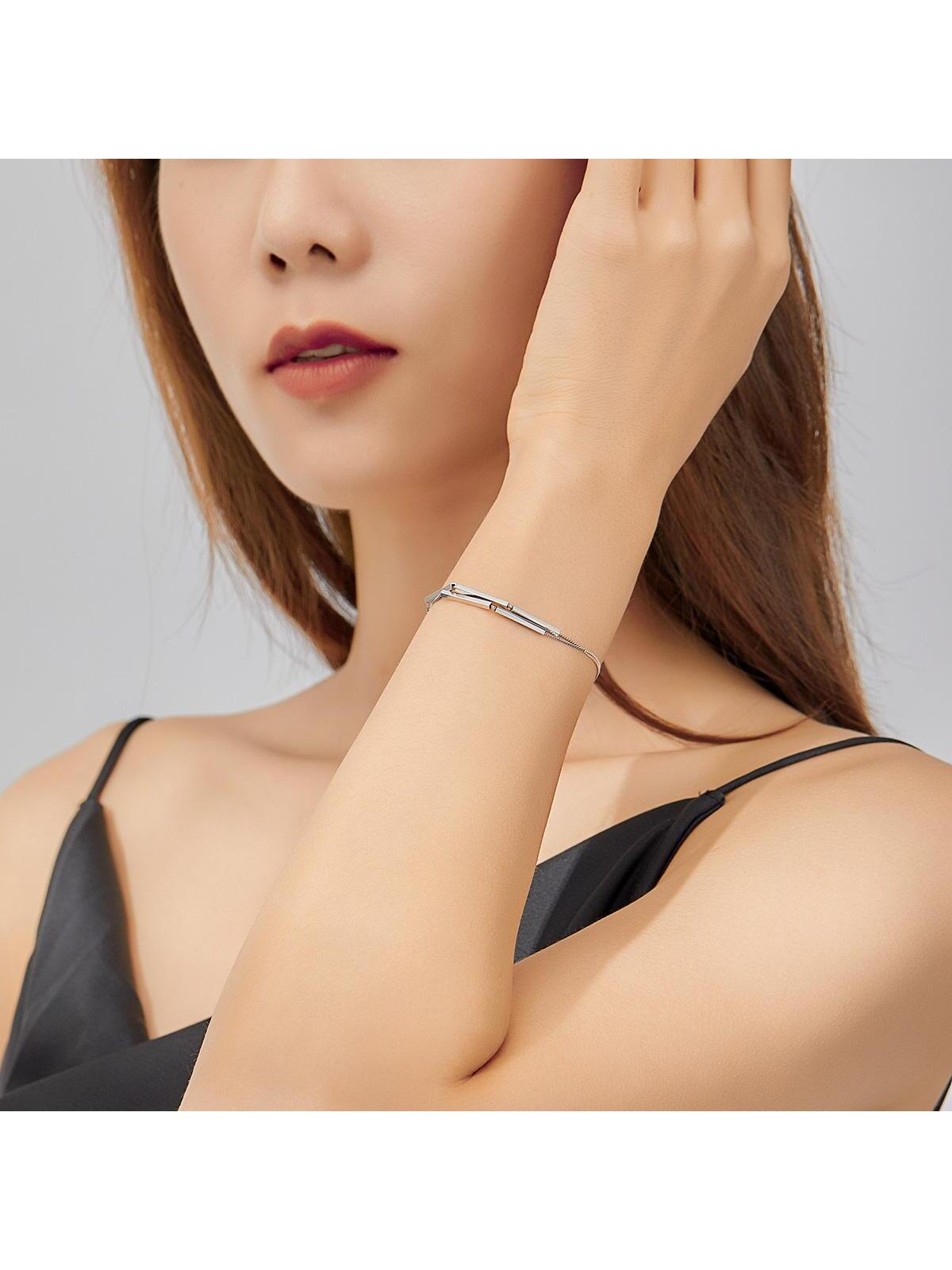 1pc Daily versatile and luxurious 925 silver platinum geometric bar double layer bracelet suitable for women's daily wear at parties