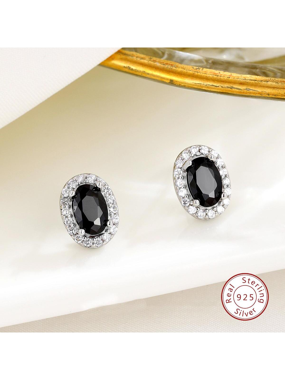 1pair Elegant 925 Sterling Silver & Black Zirconia Oval Shaped Light Luxury Stud Earrings For Women