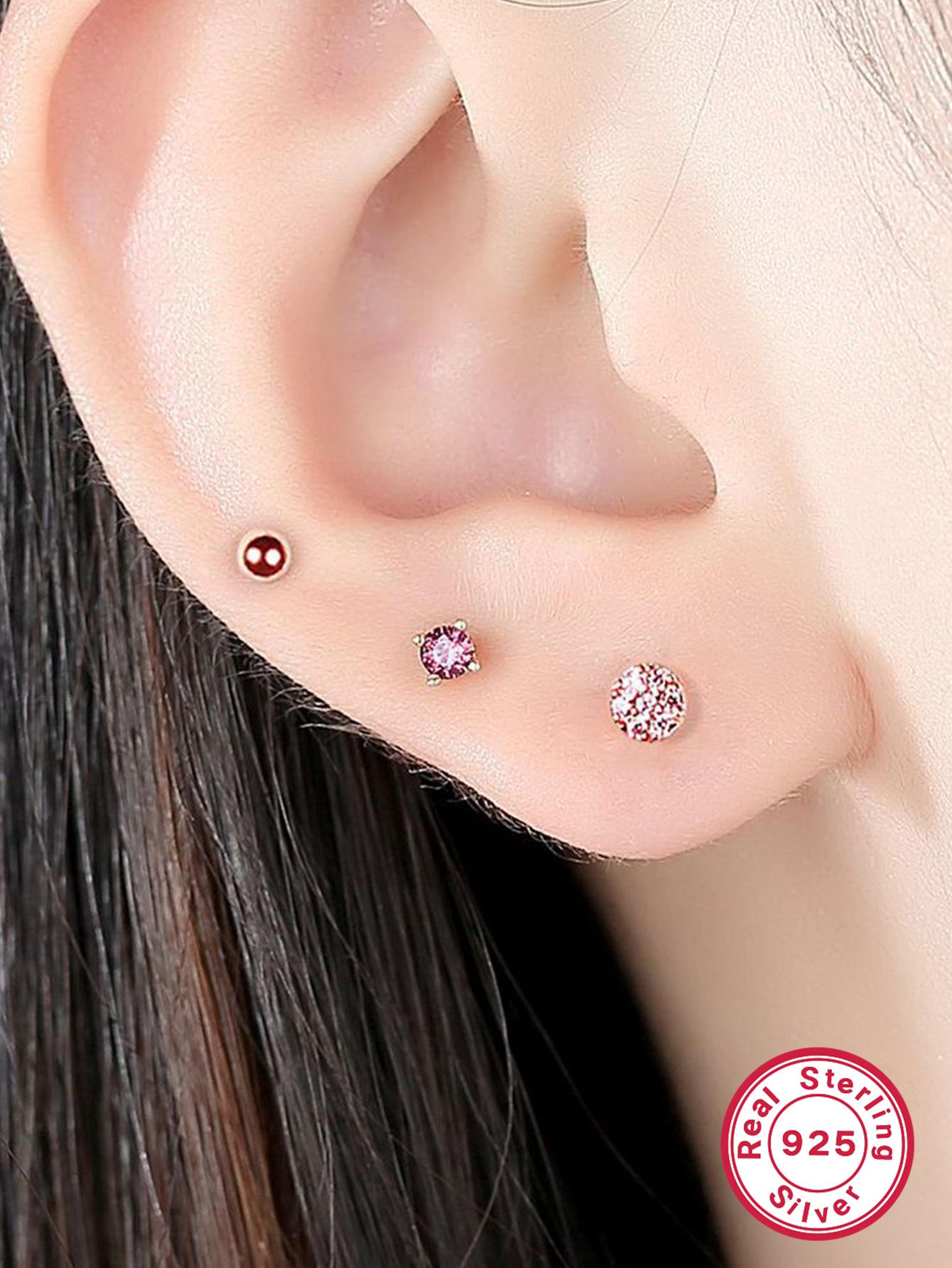 3pcs/set Sterling Silver Round Zirconia Stud Earrings For Women Delicate & Versatile & Chic Korean Style Lesser-known Ear Jewelry