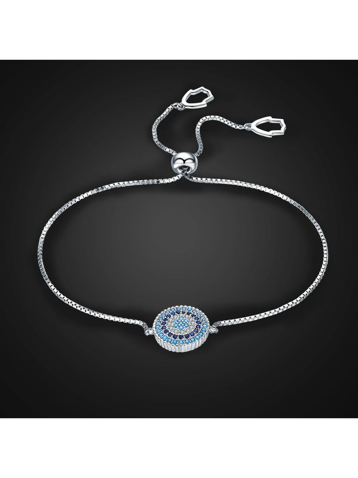 1pc Blue Round Chain Link Bracelet, 100% S925 Sterling Silver Cubic Zirconia Lucky Adjustable Chain Bracelet