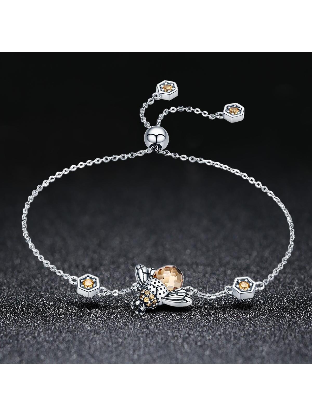 1pc 100% S925 Sterling Silver Dancing Honey Bee Chain Link Women Bracelet Artificial Crystal Big Stone Bracelet Jewelry