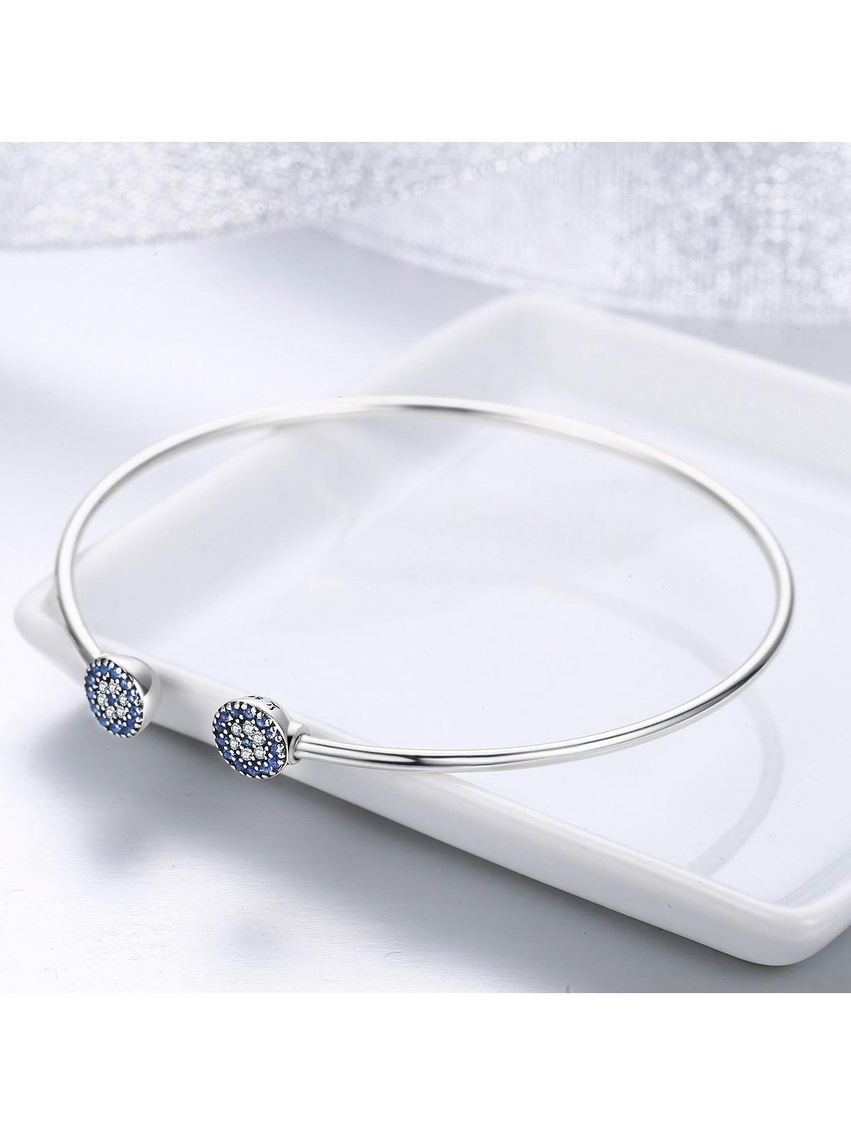 1pc 100% S925 Sterling Silver Blue Cubic Zirconia Lucky Eyes Bracelet for Women Open Cuff Bangle Classic Luxury Jewelry