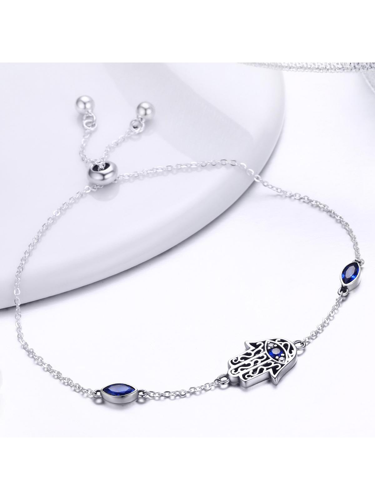 1pc Blue Hamsa Hand Chain Link Bracelet, 100% S925 Sterling Silver Cubic Zirconia Lucky Adjustable Chain Bracelet