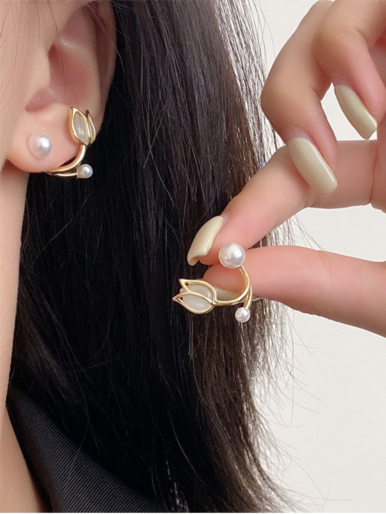 S925 Silver Tulip Shaped Stud Earrings For Women, Cat's Eye Stone And Pearl Decor, Unique French Flower Design-Yellow Gold-1