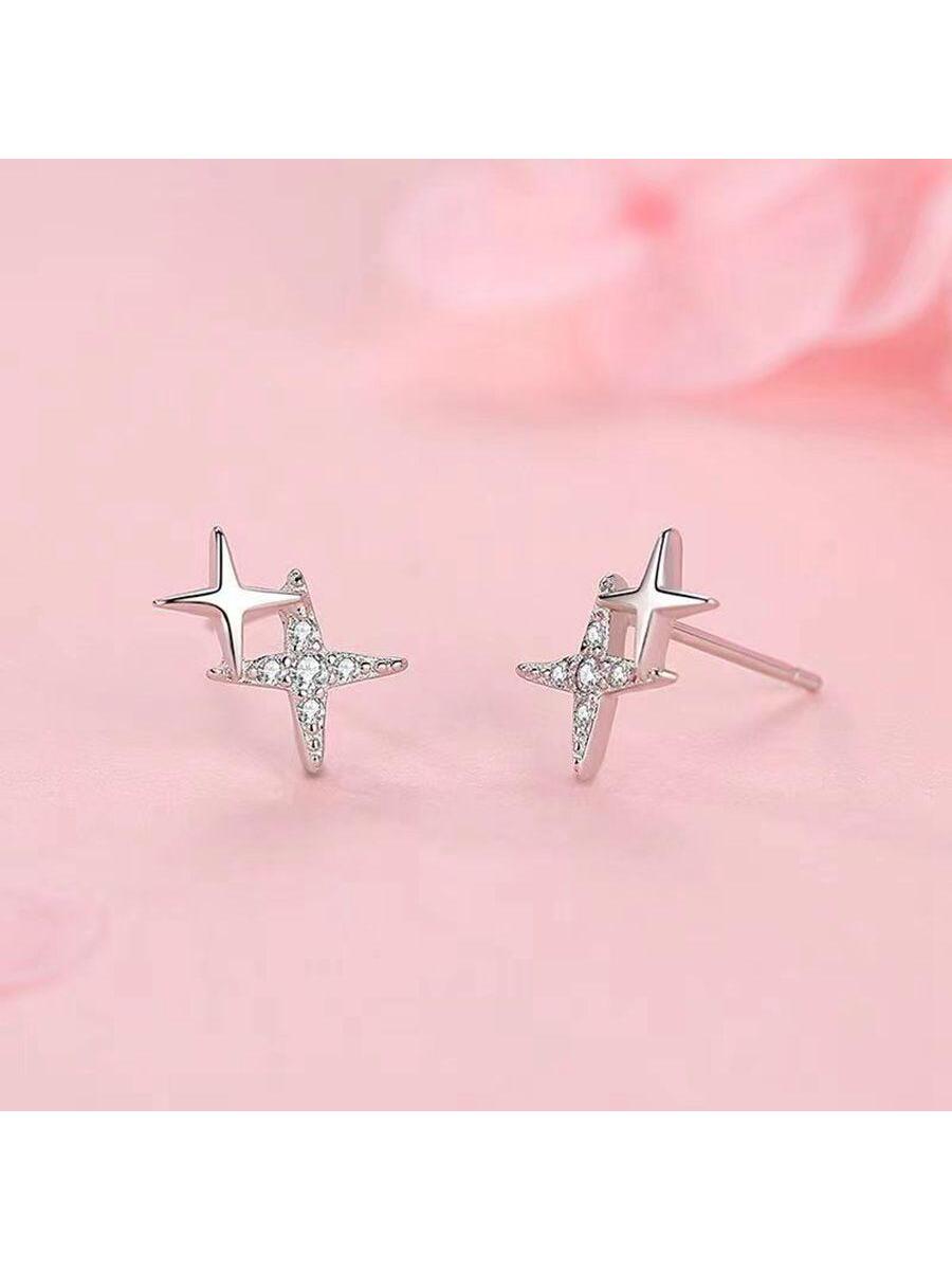 S925 Sterling Silver European And American Style Shining Cubic Zirconia Star Stud Earrings