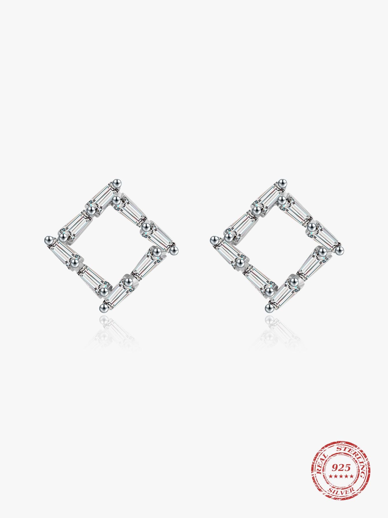 S925 Pure Silver Simple Square With Trapezoid Transparent Cubic Zirconia Stud Earrings For Women & Girls Allergy Free Jewelry Birthday Gift