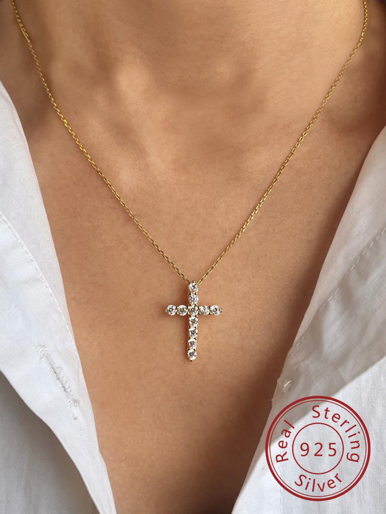 1pc Fashionable S925 Sterling Silver & Diamond Embedded Cross Pendant Necklace Suitable For Women's Daily Wear