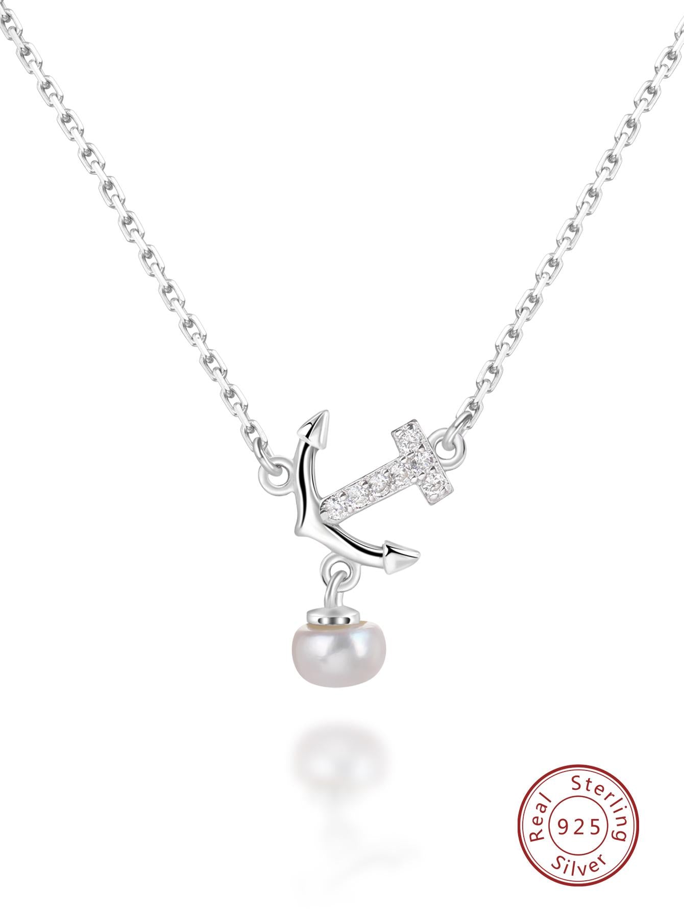 1pc Fashion Cultured Pearl Decor Cubic Zirconia Anchor Pendant Sterling Silver Necklace For Women For Gift