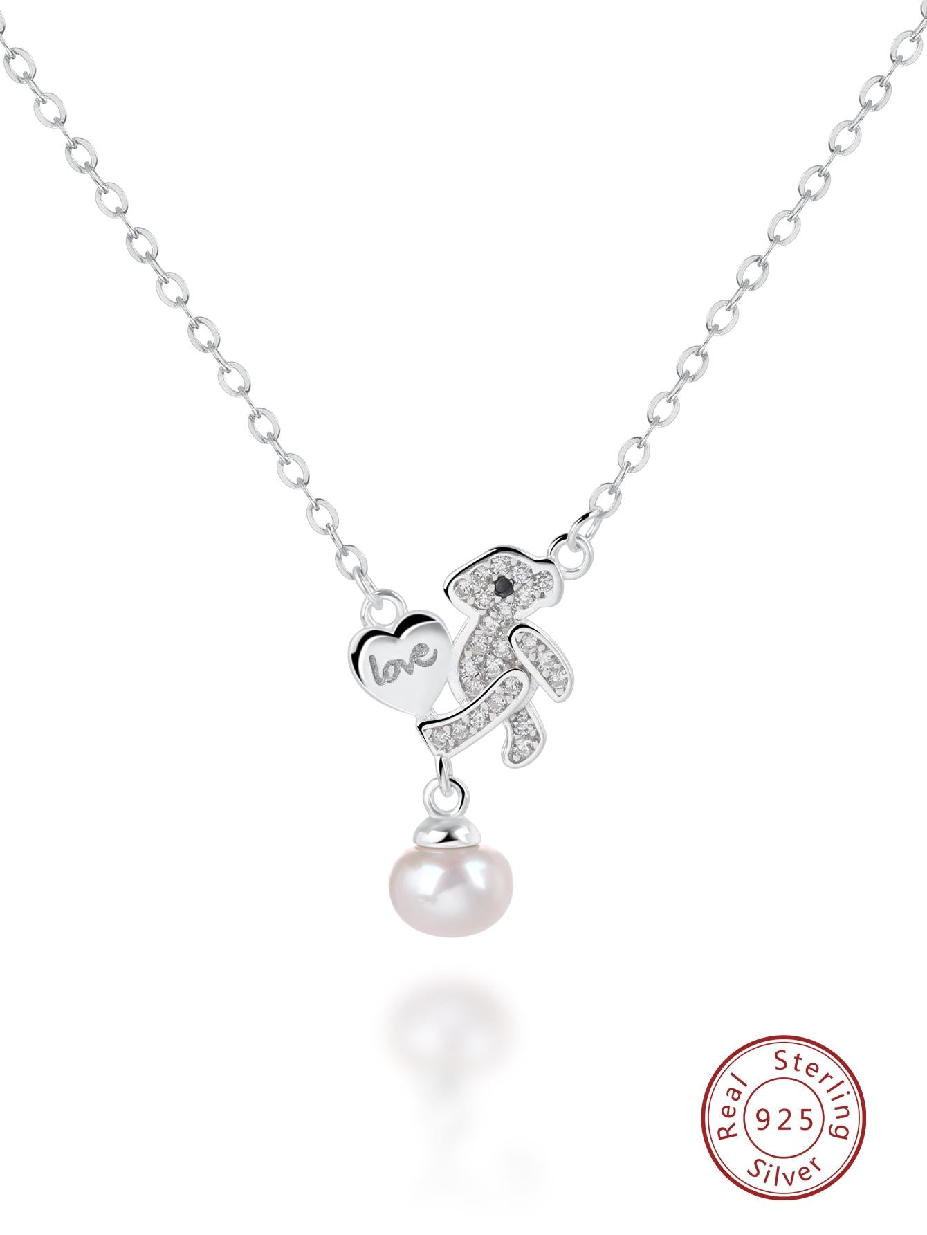 1pc Fashion Cultured Pearl & Cubic Zirconia Bear Pendant Sterling Silver Necklace For Women For Gift