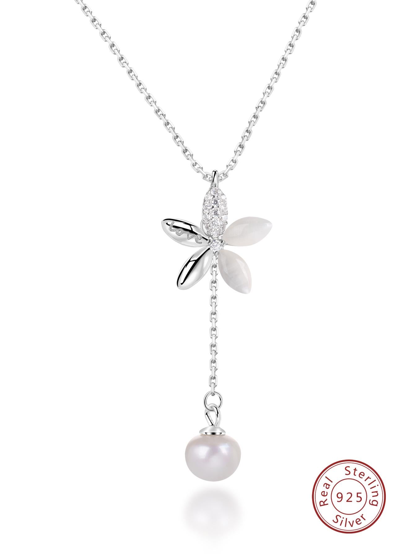 1pc Fashion Cultured Pearl & Cubic Zirconia Decor Flower Pendant Sterling Silver Y Lariat Necklace For Women For Gift