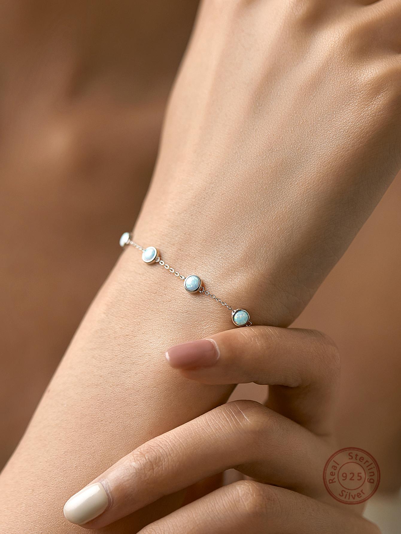 1pc 925 Silver Minimalist Light Blue Synthetic Opal Bracelet