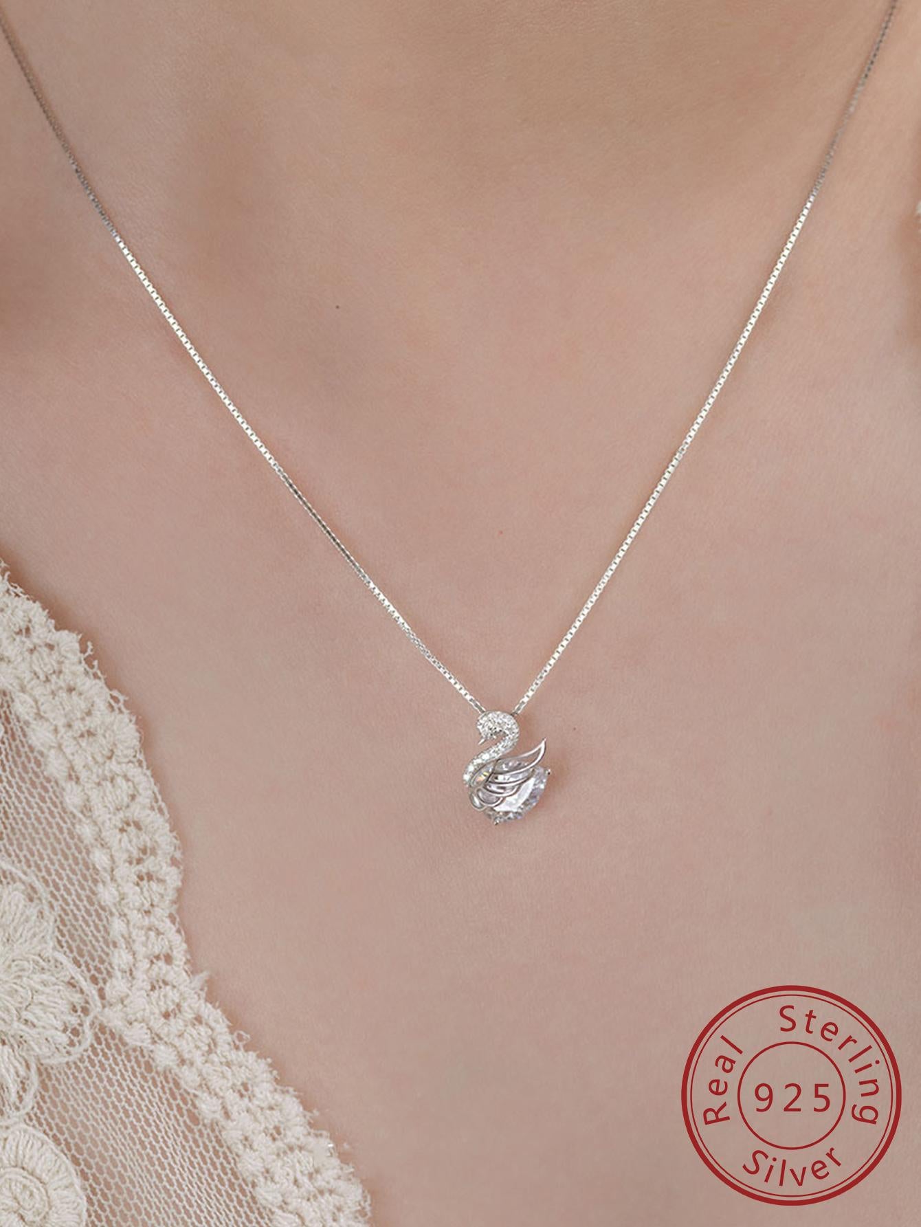 1pc Fashionable Cubic Zirconia Decor Swan Charm Sterling Silver Necklace For Women For Gift