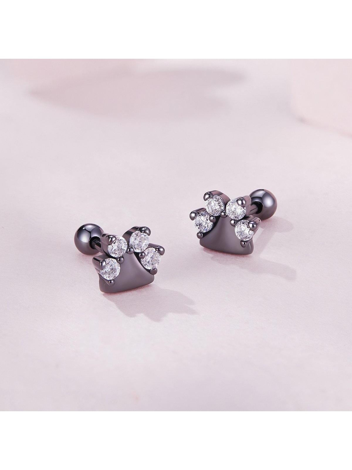 1pair 925 Sterling Silver Black Gold Color Pet Dog Paw Stud Earrings For Women Lovely Clear Cubic Zirconia Heart Ear Studs Punk Jewelry Gift