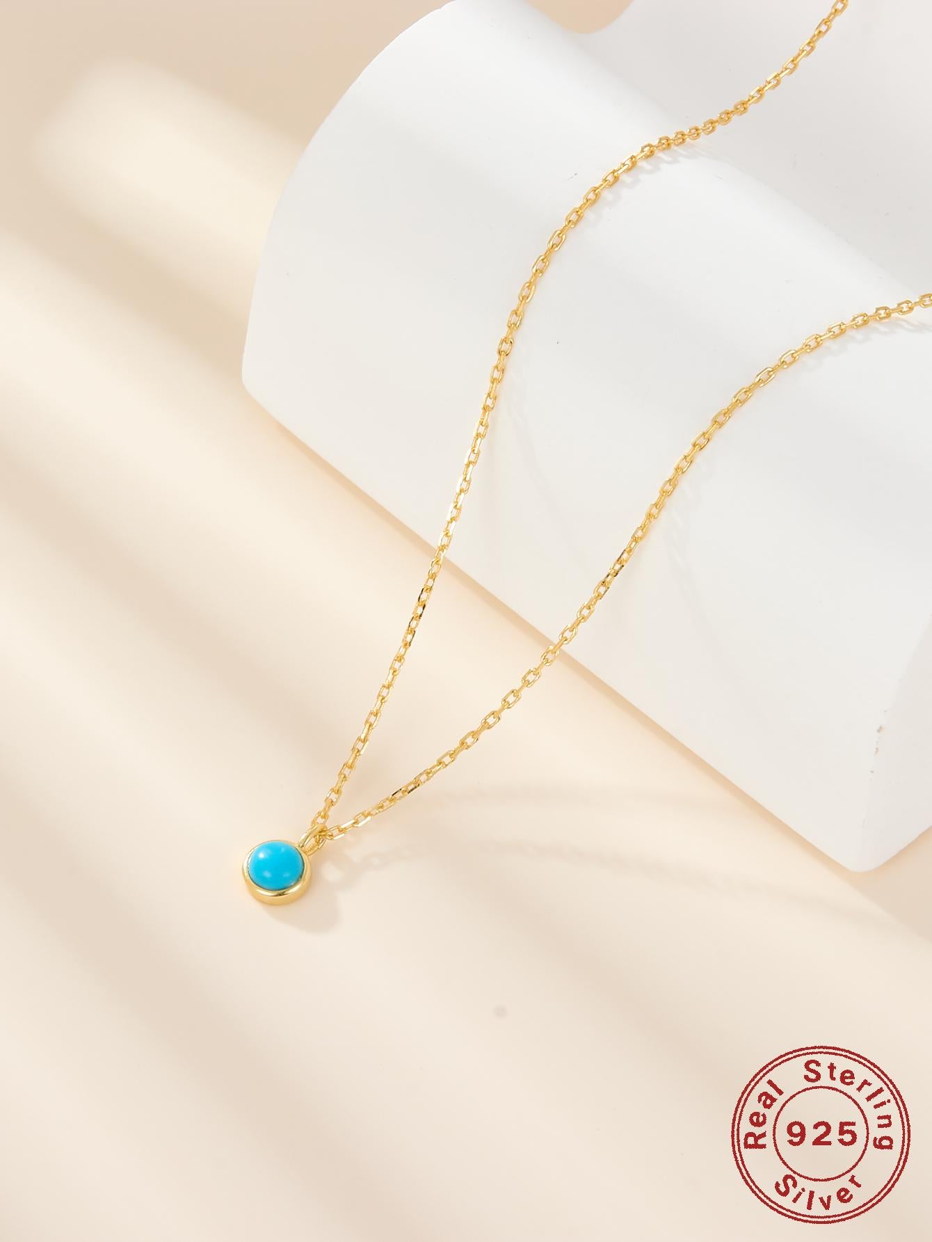 1pc S925 Sterling Silver & Turquoise Round Pendant Clavicle Chain Necklace With European And American French Style And High-end Feeling For Women