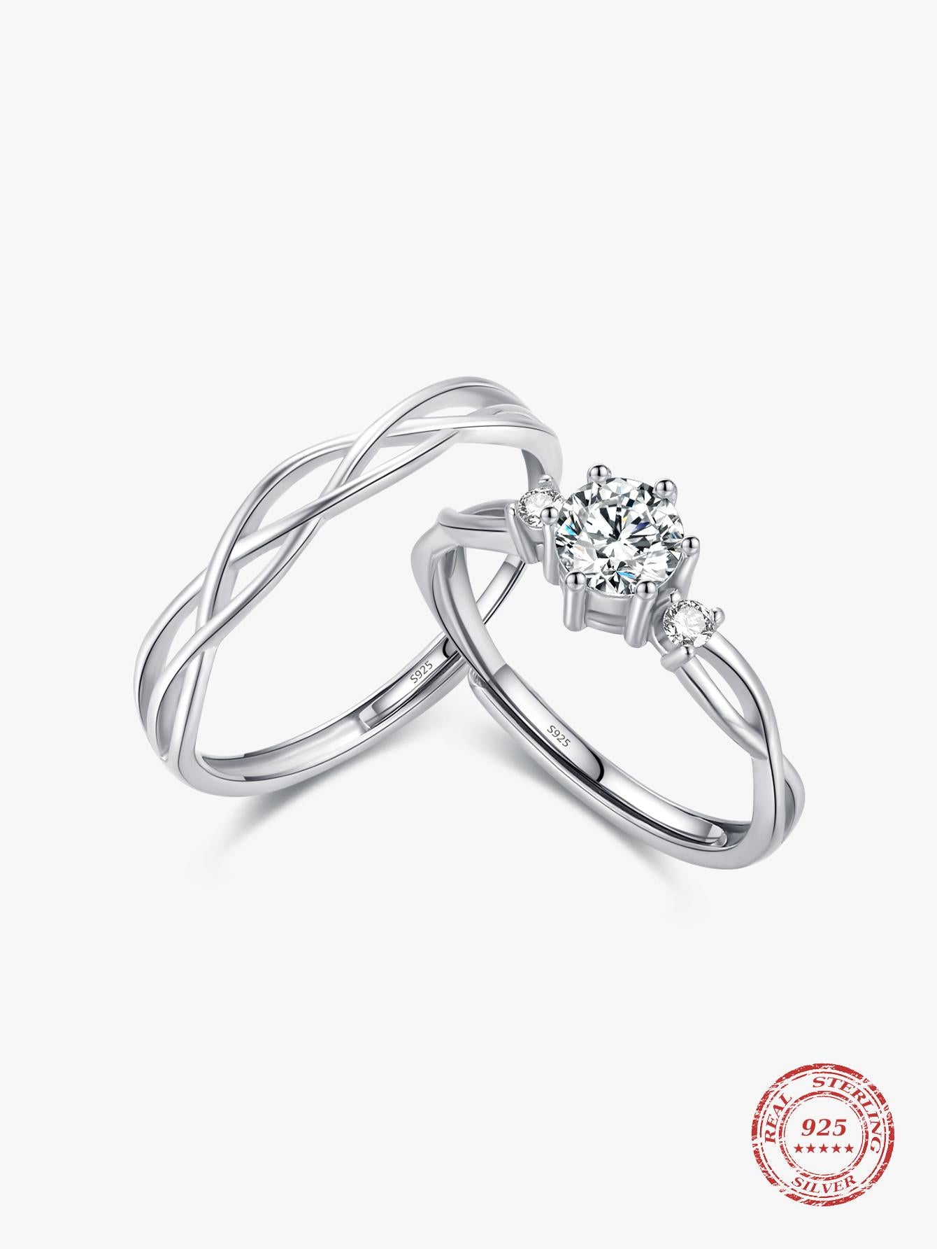 1 Set S925 Sterling Silver Simple Line Couple Rings, Adjustable Size For Women, Anniversary Gift